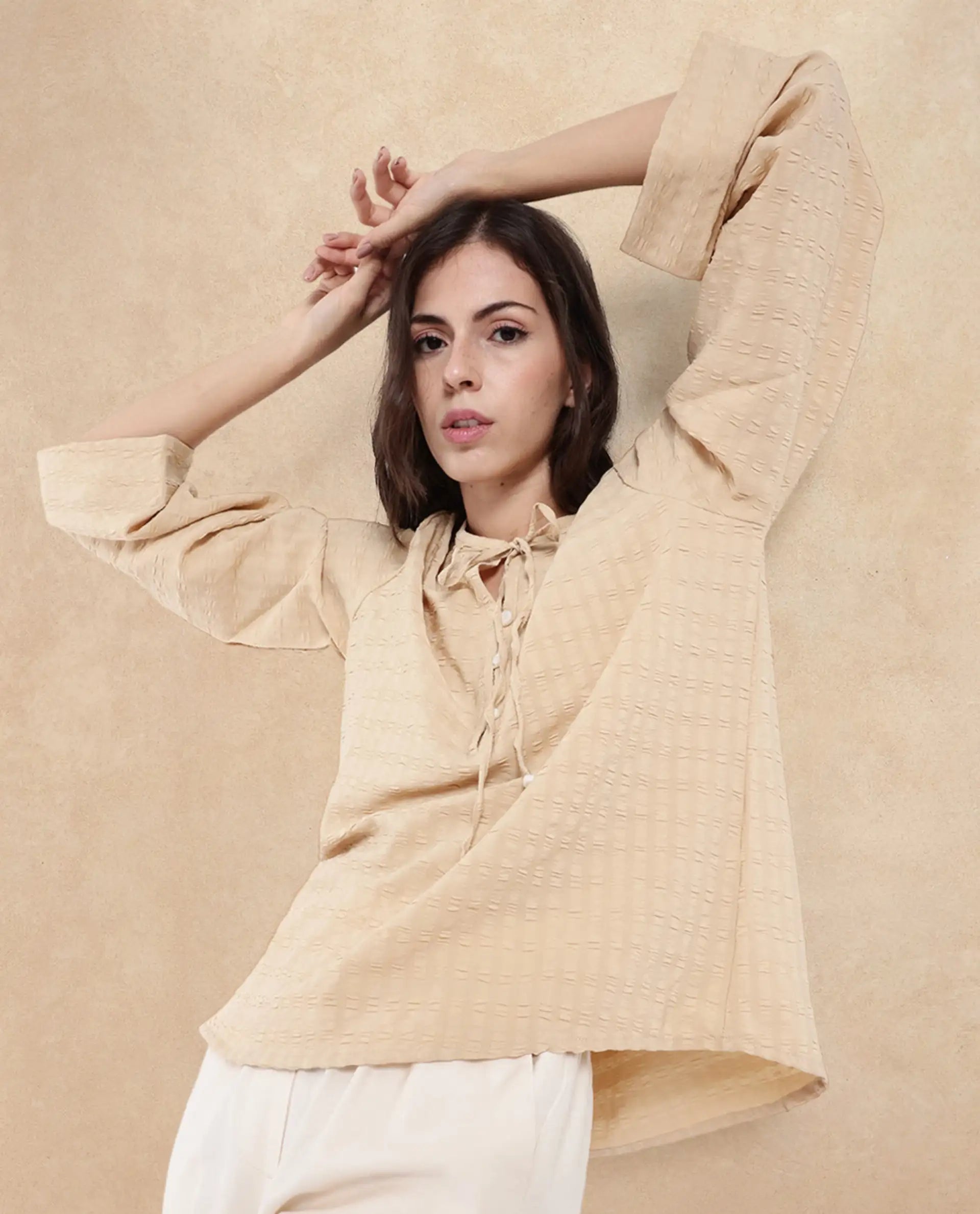 Rareism Women Metio Light Beige Full Sleeve Tie Up Neck  Relaxed Fit Plain Top