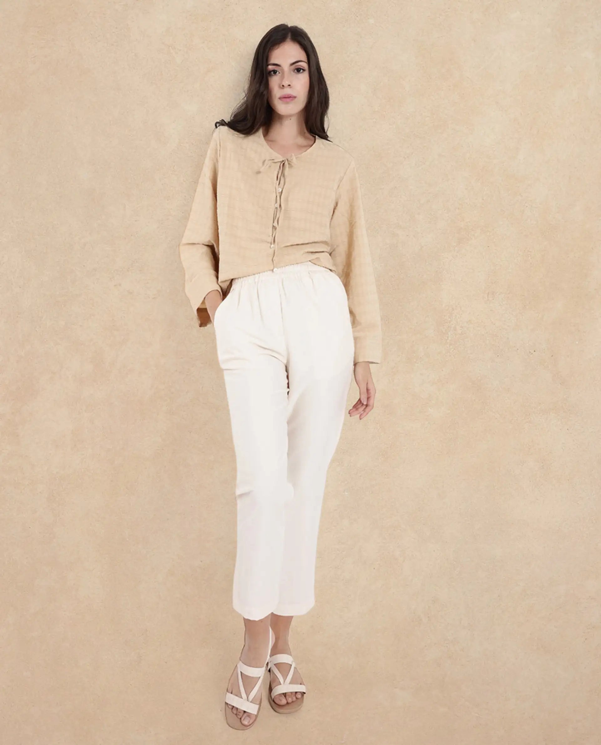 Rareism Women Metio Light Beige Full Sleeve Tie Up Neck  Relaxed Fit Plain Top