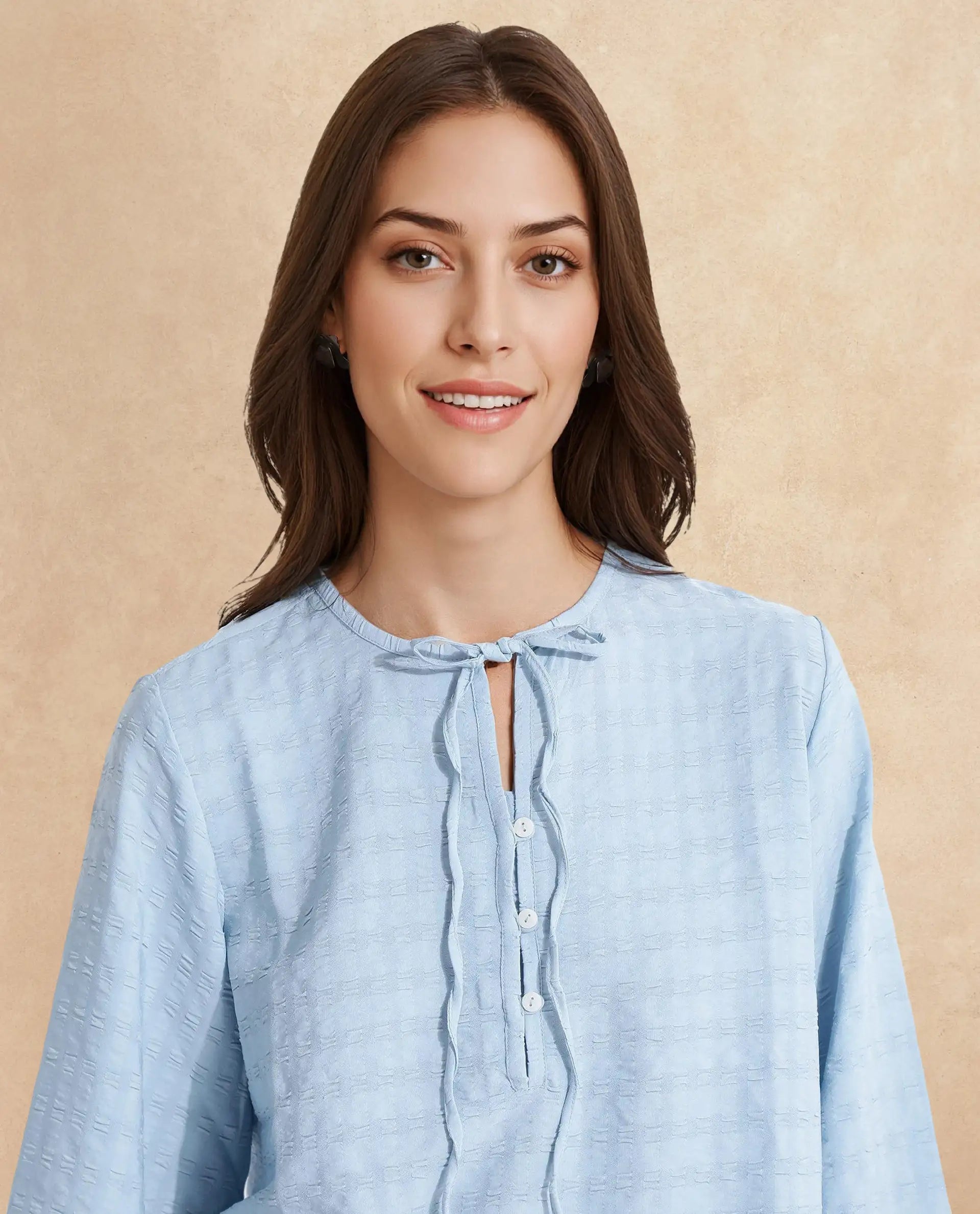 Rareism Women Metio Blue Full Sleeve Tie Up Neck  Relaxed Fit Plain Top