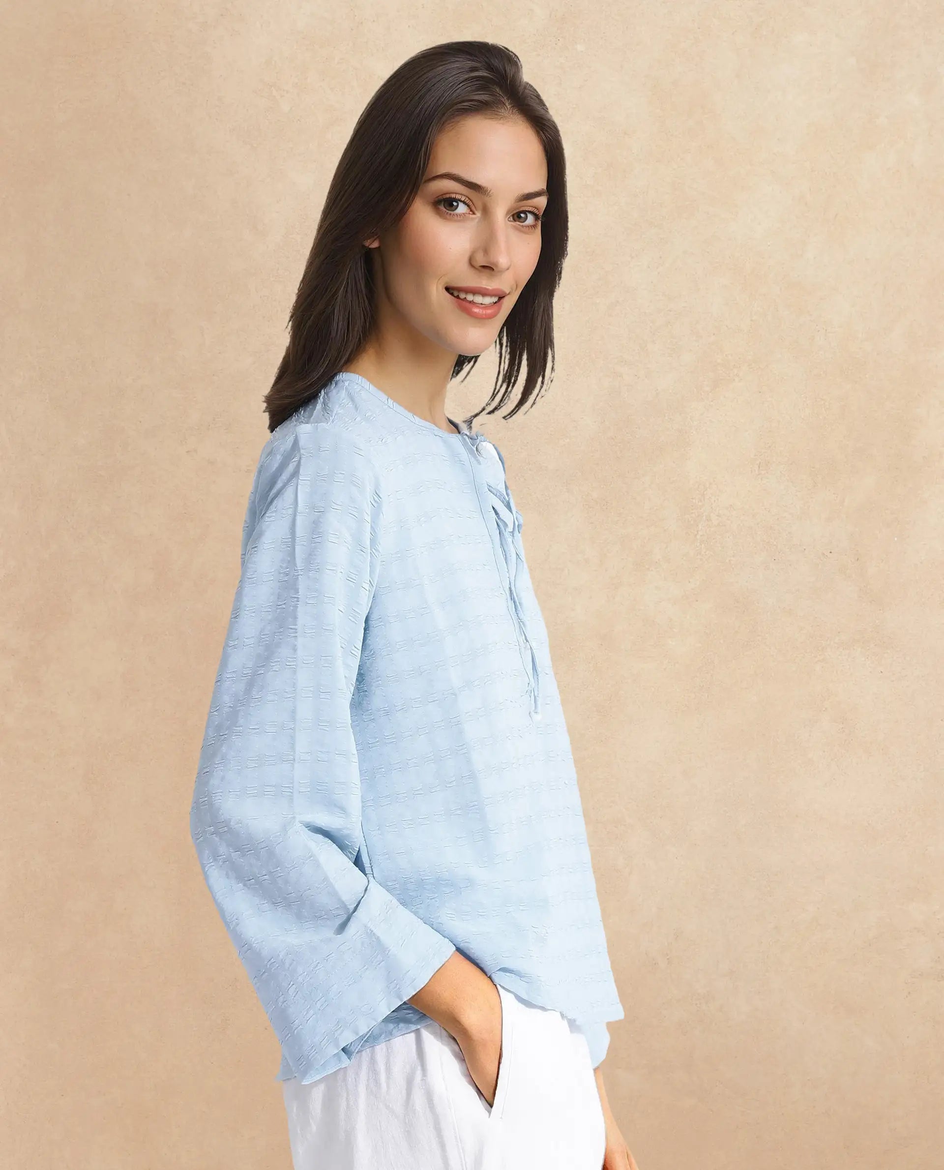 Rareism Women Metio Blue Full Sleeve Tie Up Neck  Relaxed Fit Plain Top