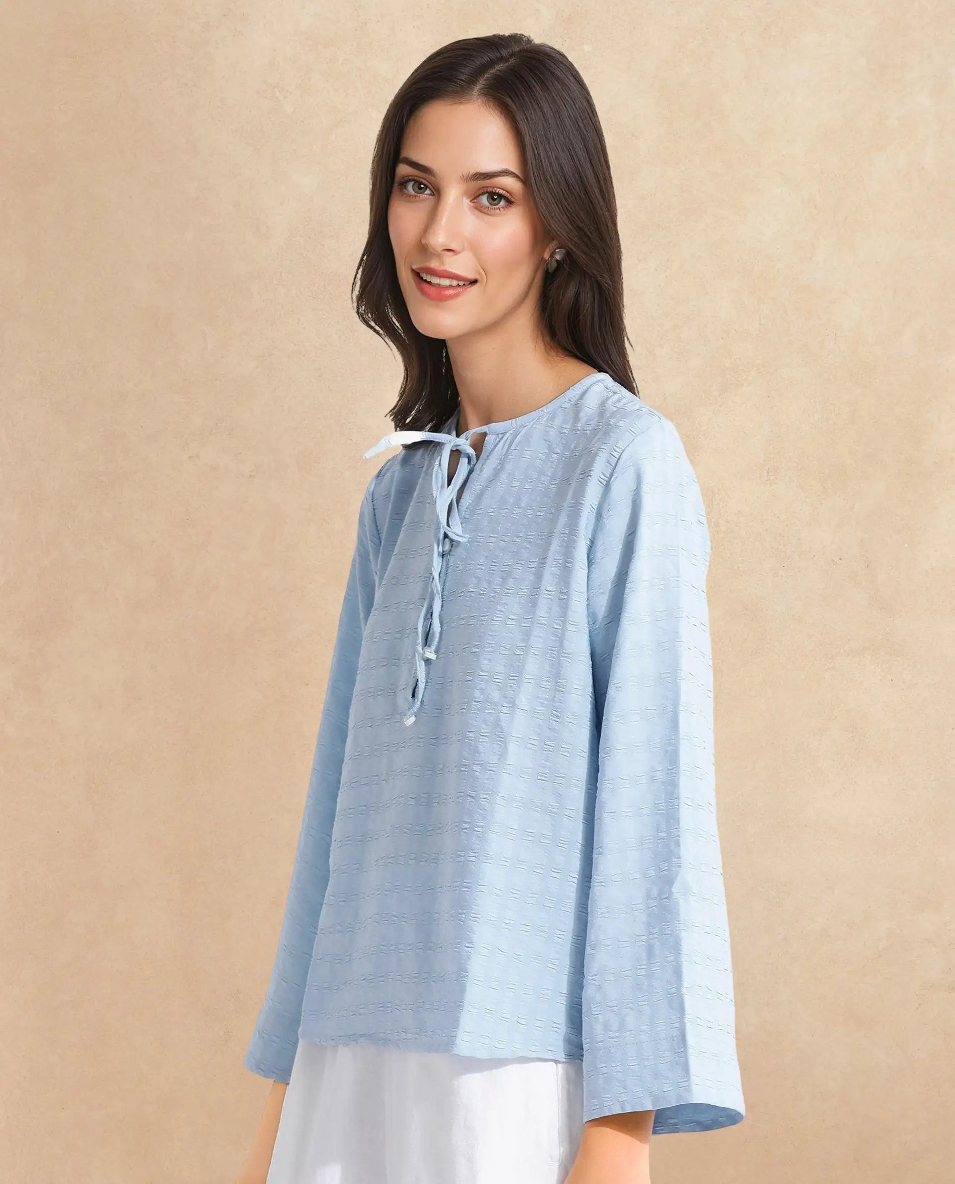 Rareism Women Metio Blue Full Sleeve Tie Up Neck  Relaxed Fit Plain Top