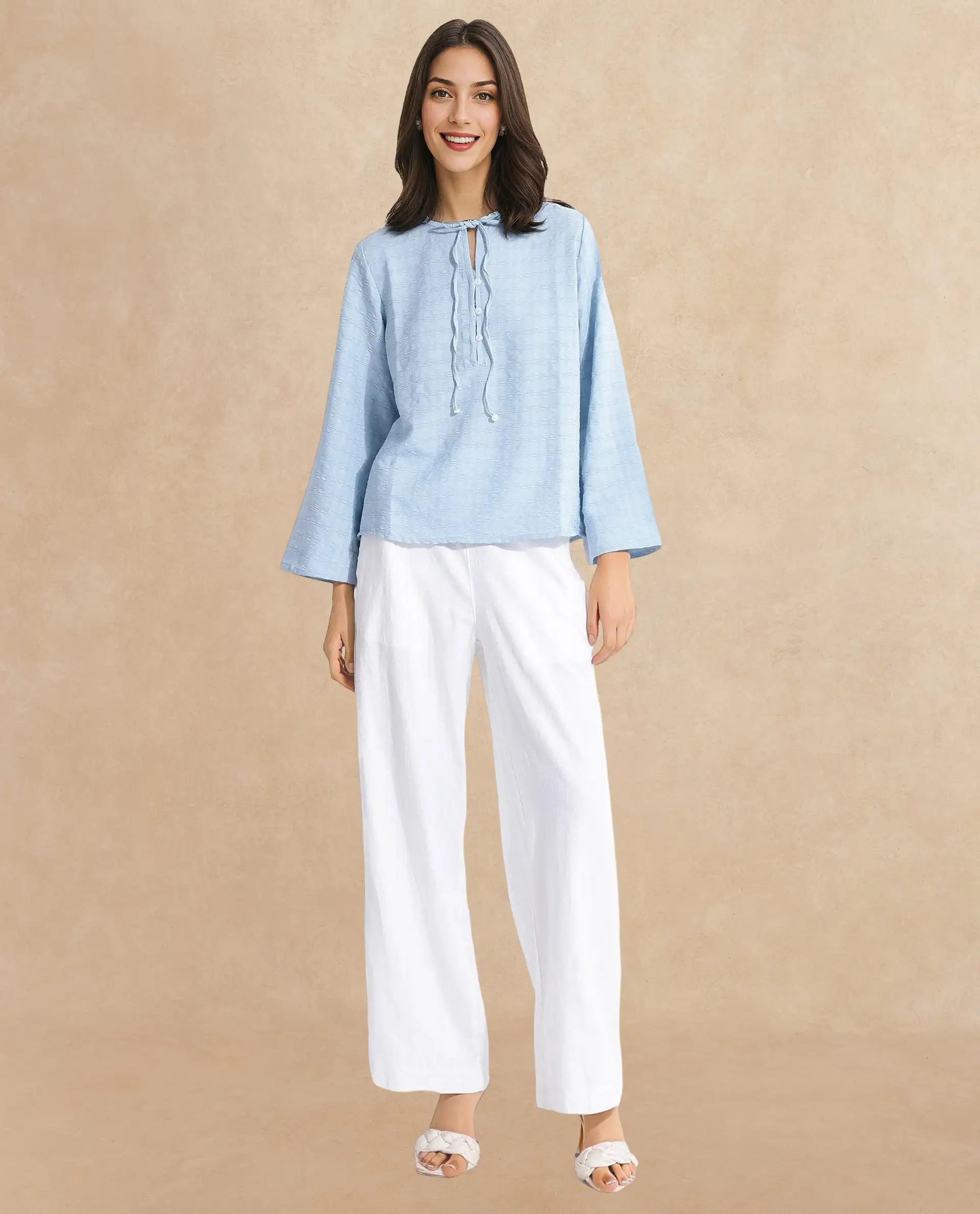 Rareism Women Metio Blue Full Sleeve Tie Up Neck  Relaxed Fit Plain Top