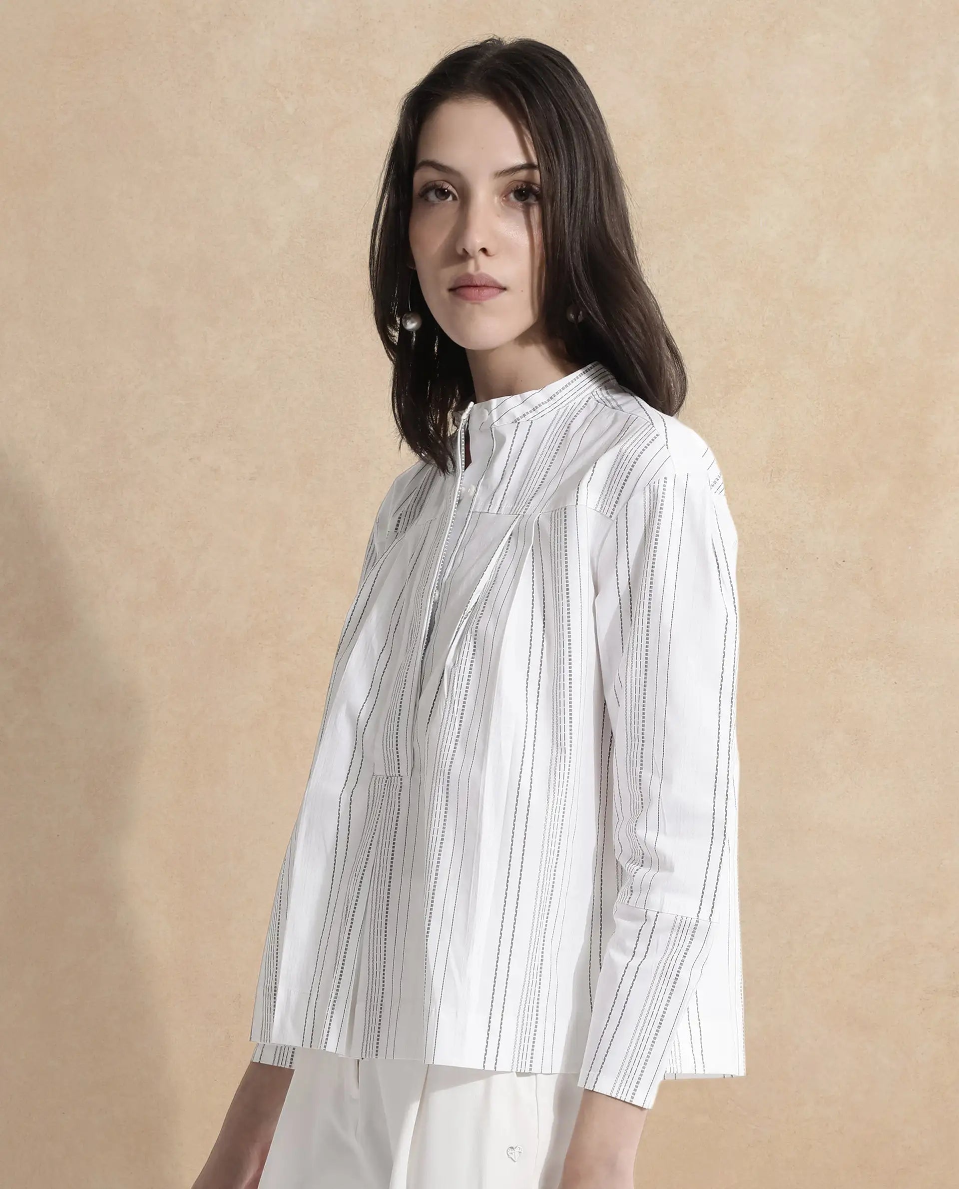 Rareism Women Meton White Full Sleeve Mandarin Neck  Relaxed Fit Narrow Stripes Top