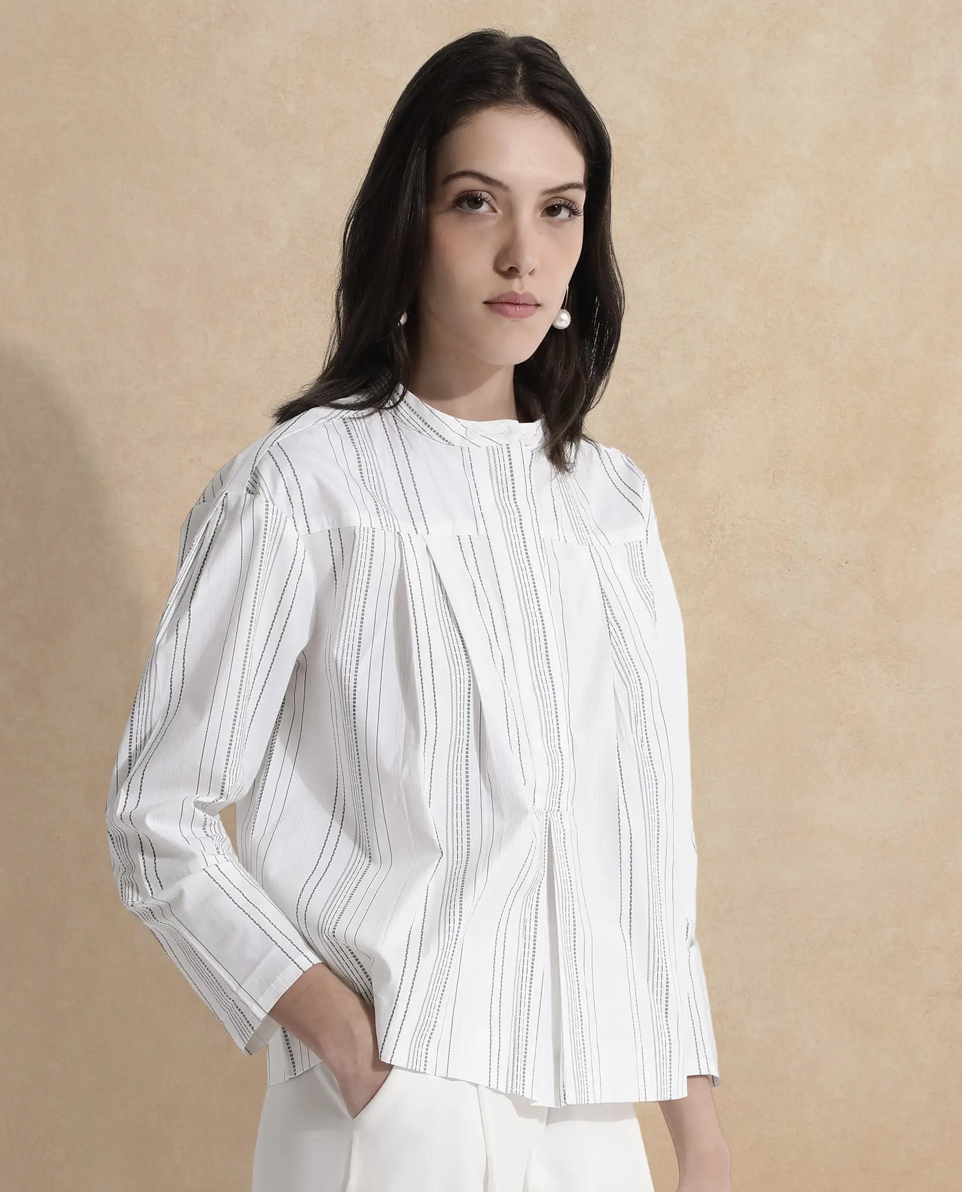 Rareism Women Meton White Full Sleeve Mandarin Neck  Relaxed Fit Narrow Stripes Top