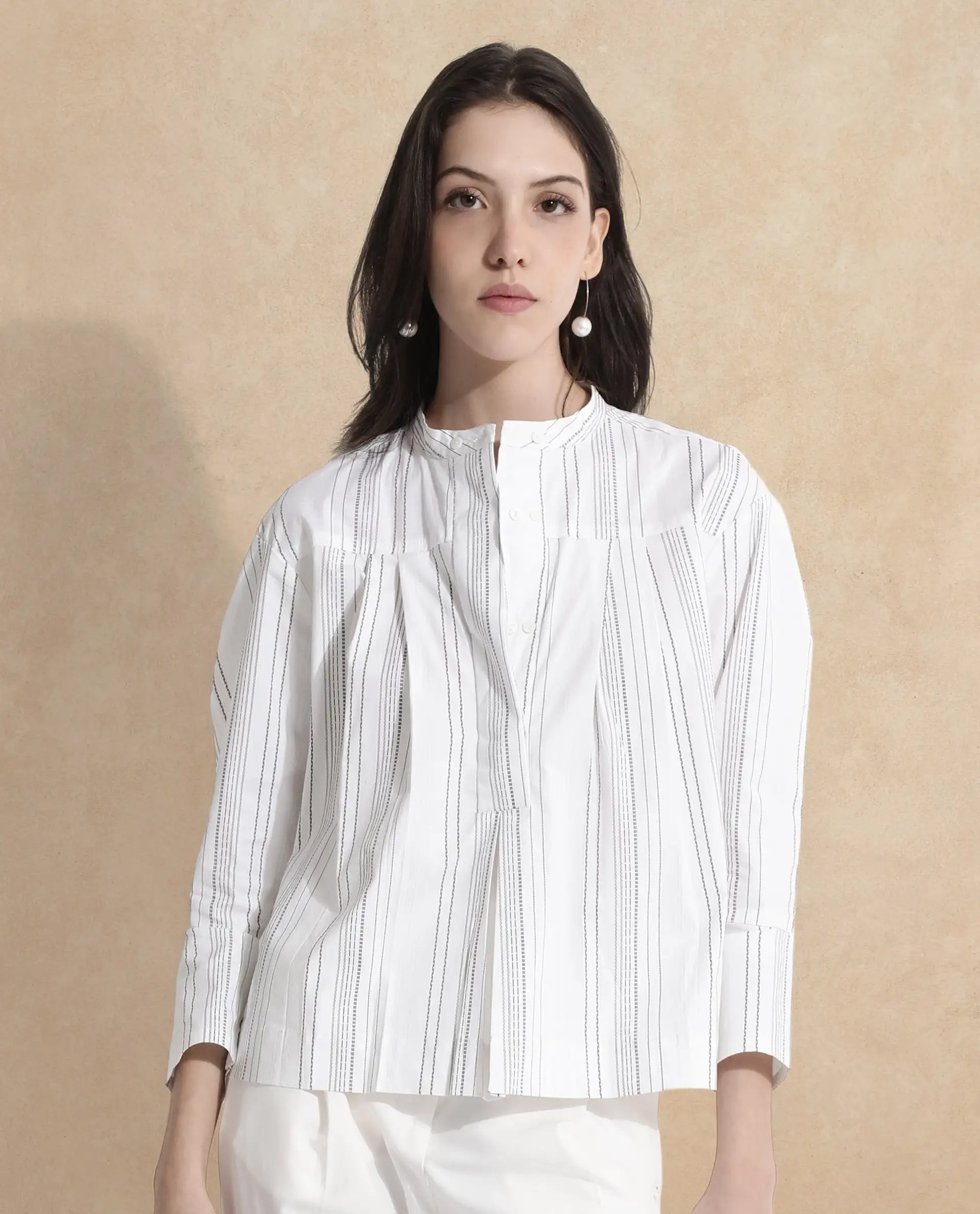 Rareism Women Meton White Full Sleeve Mandarin Neck  Relaxed Fit Narrow Stripes Top