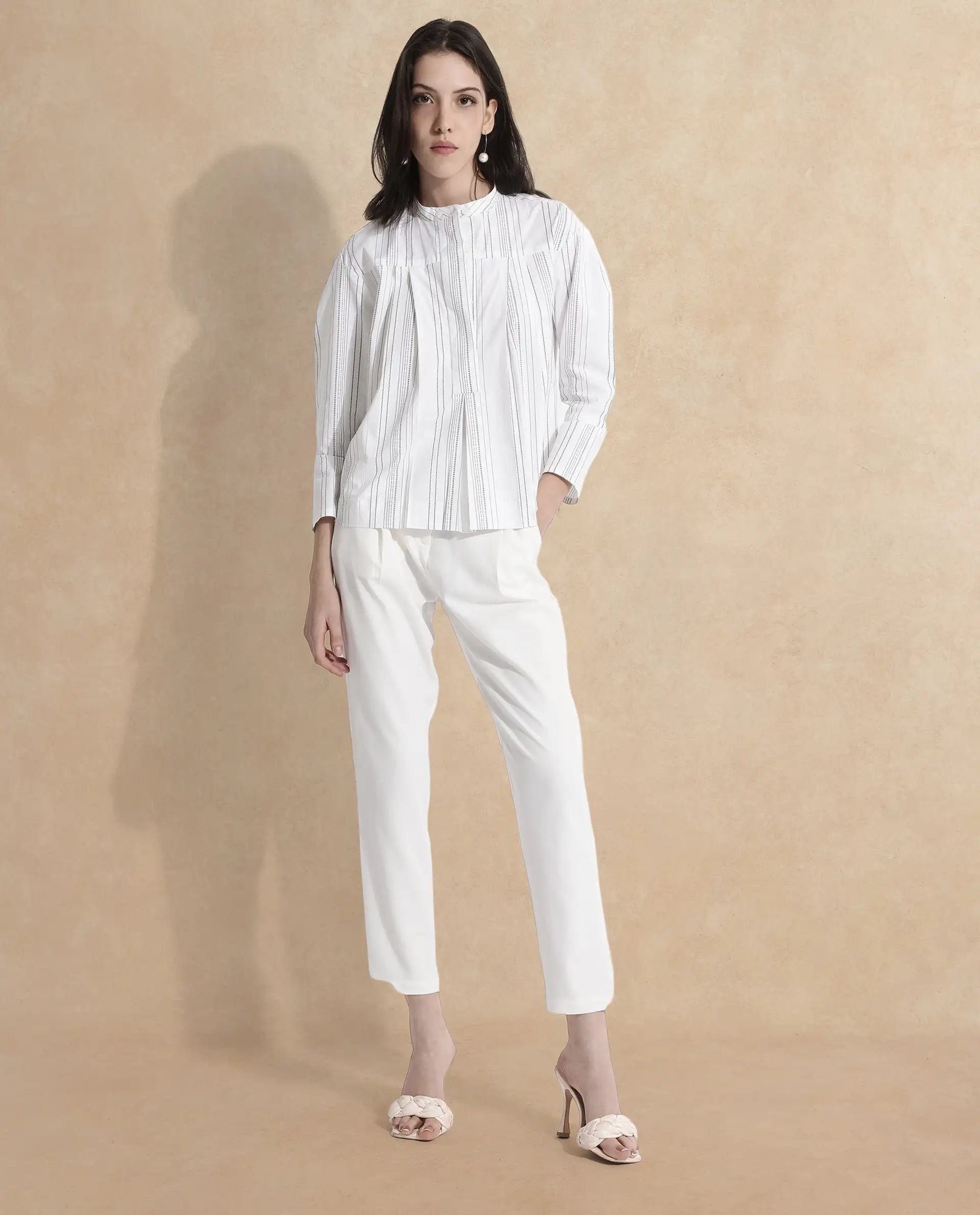 Rareism Women Meton White Full Sleeve Mandarin Neck  Relaxed Fit Narrow Stripes Top