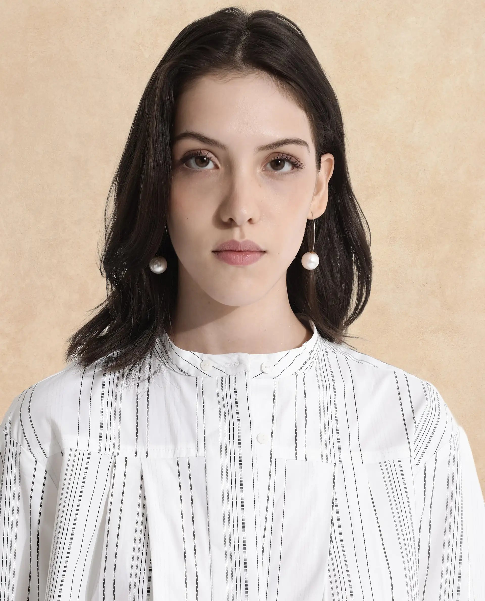 Rareism Women Meton White Full Sleeve Mandarin Neck  Relaxed Fit Narrow Stripes Top