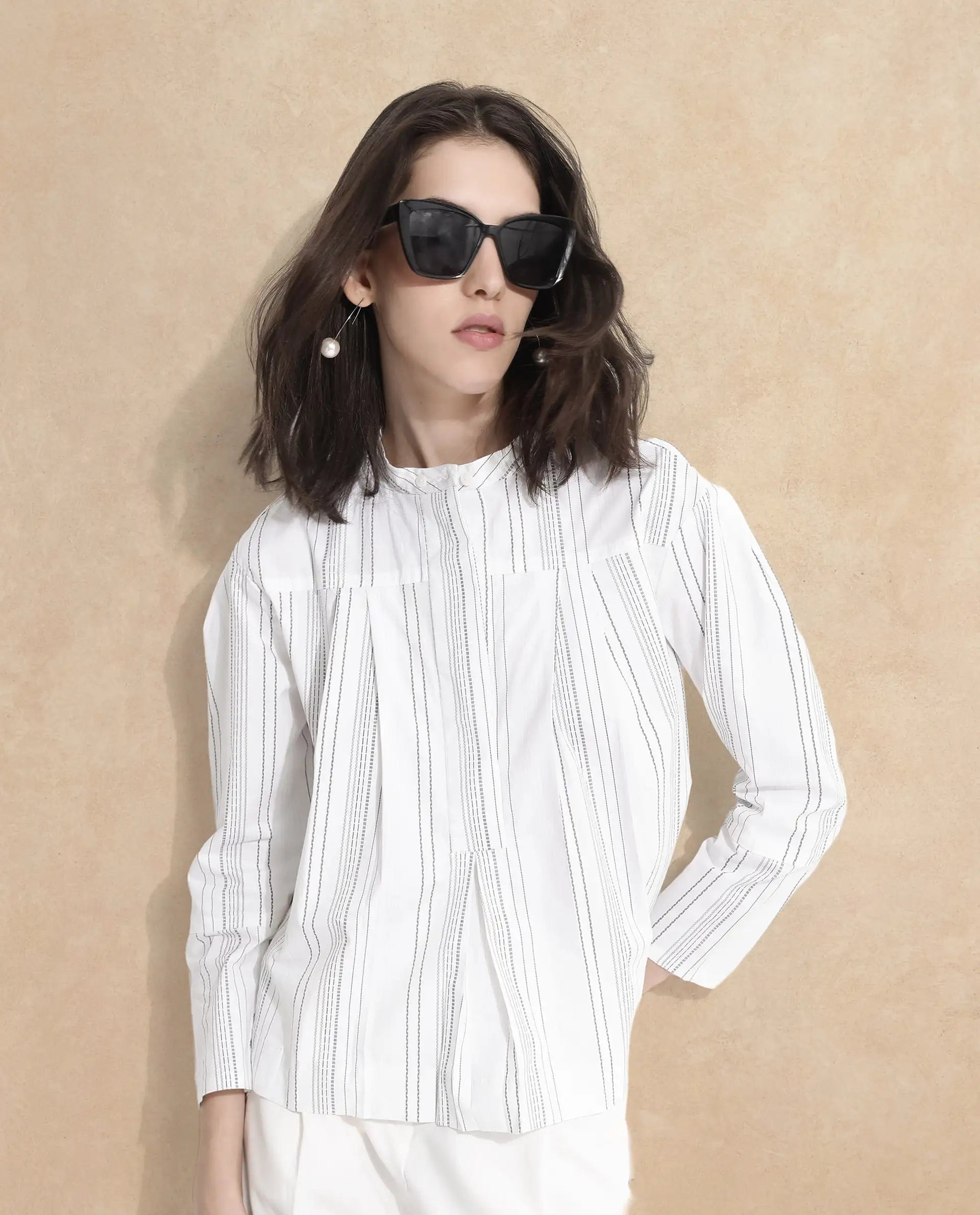 Rareism Women Meton White Full Sleeve Mandarin Neck  Relaxed Fit Narrow Stripes Top