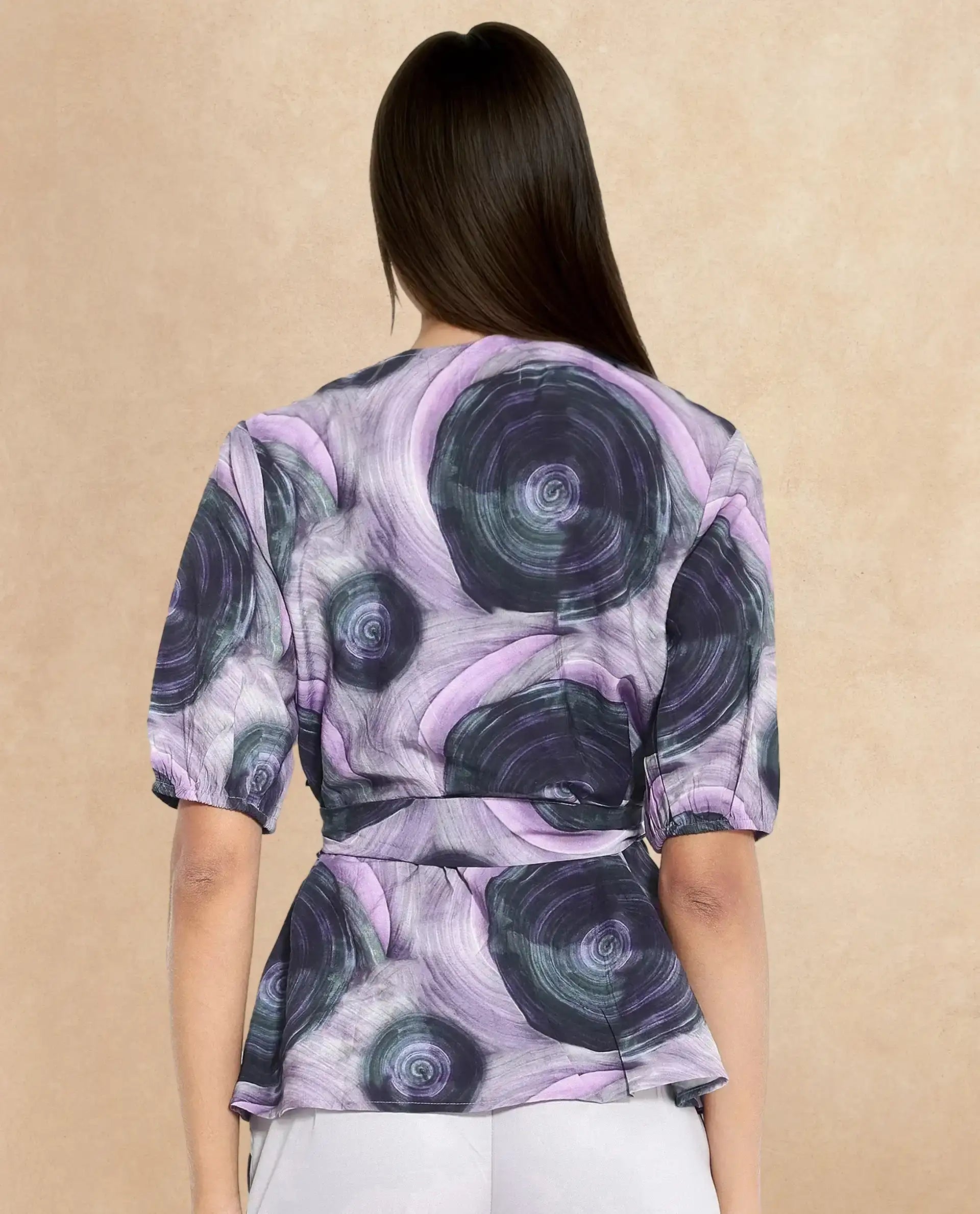 Rareism Women Metunia Dark Multi Puff Sleeves Over Lap Neck Abstract Print Top