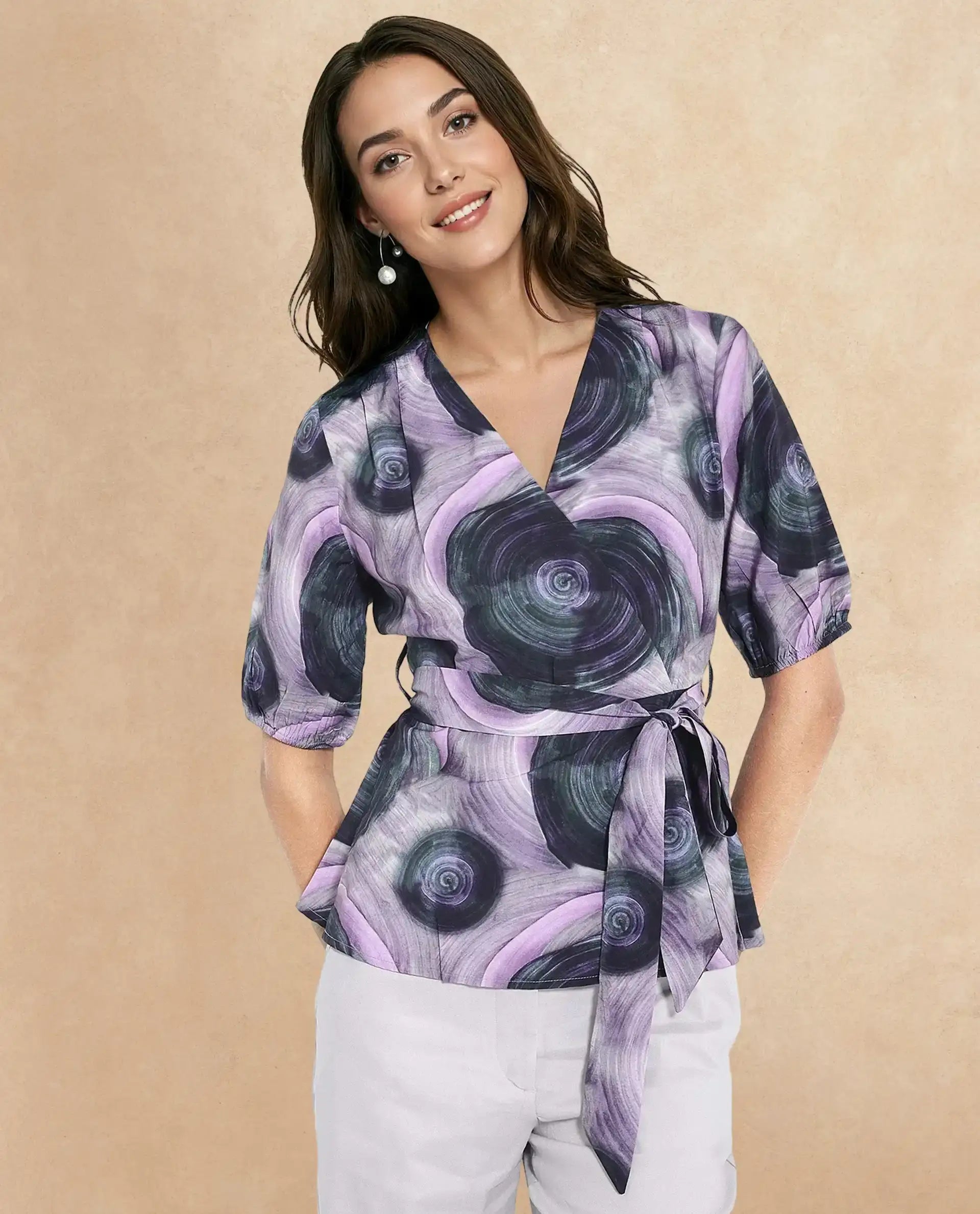 Rareism Women Metunia Dark Multi Puff Sleeves Over Lap Neck Abstract Print Top