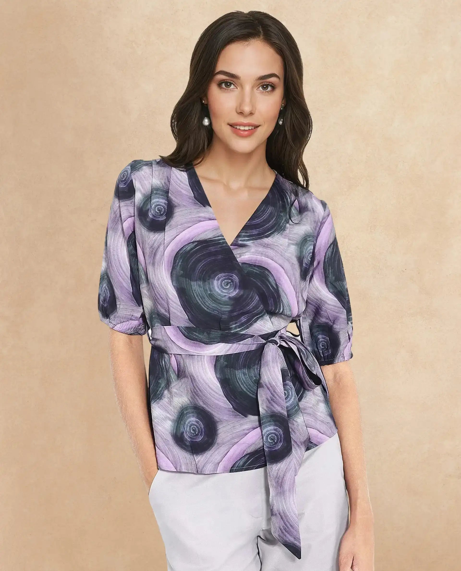 Rareism Women Metunia Dark Multi Puff Sleeves Over Lap Neck Abstract Print Top
