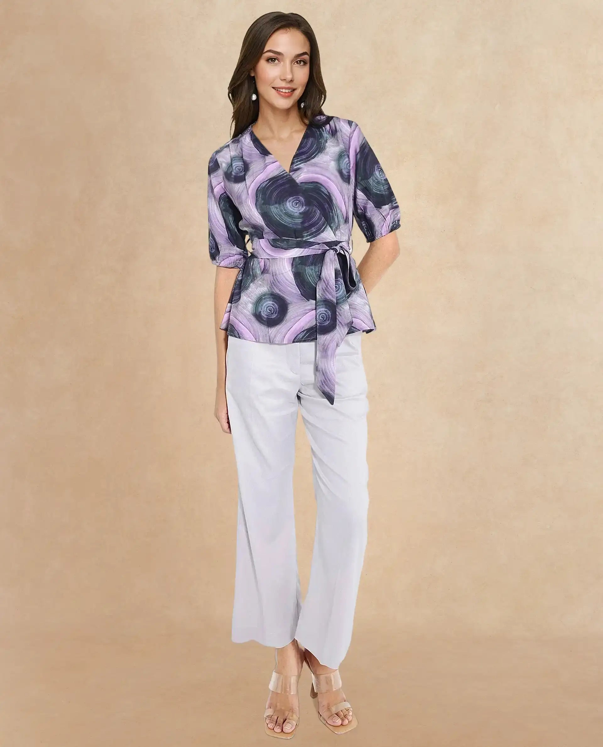 Rareism Women Metunia Dark Multi Puff Sleeves Over Lap Neck Abstract Print Top