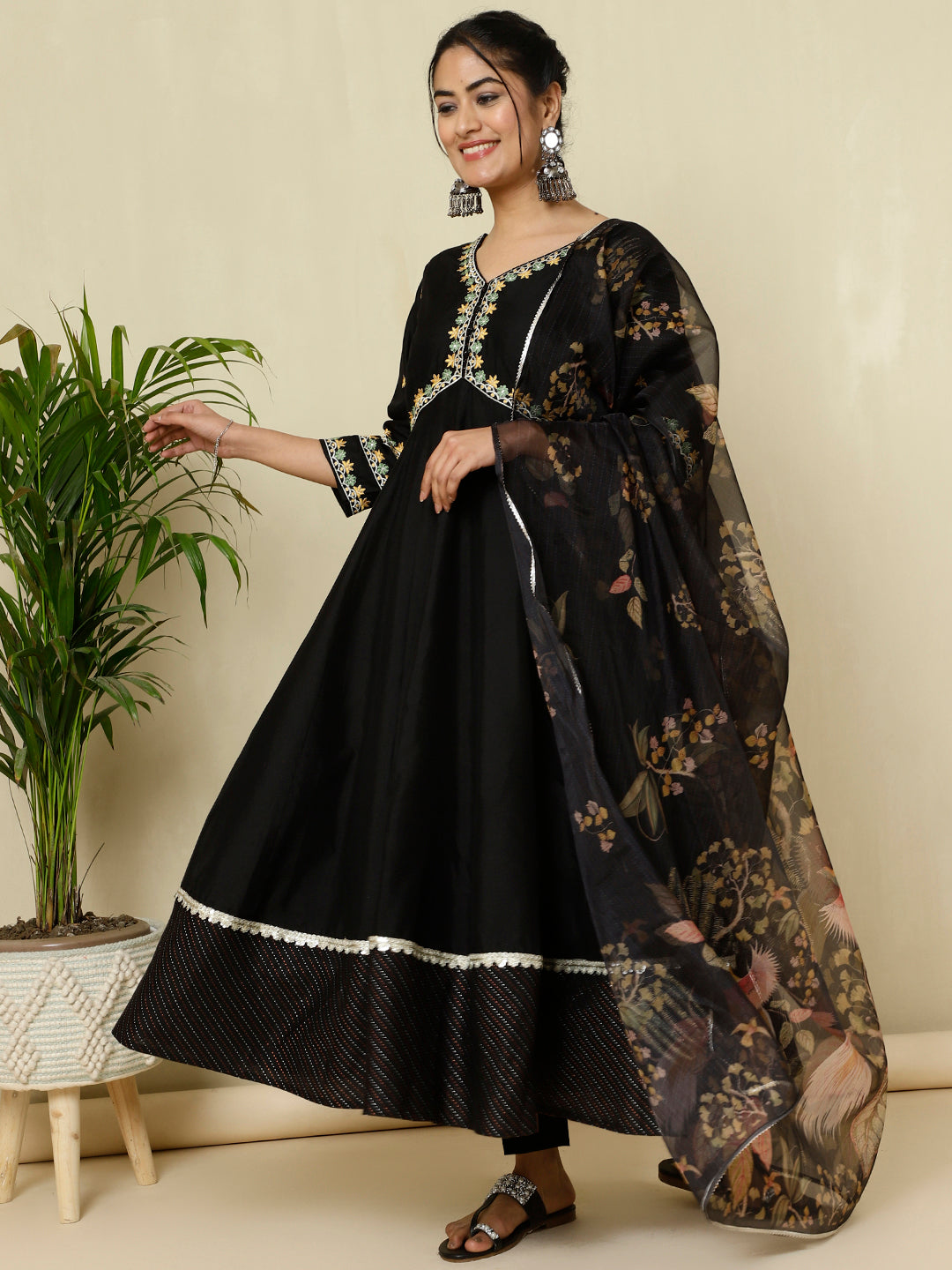 Black Zari Work Anarkali Kurta With Printed Dupatta