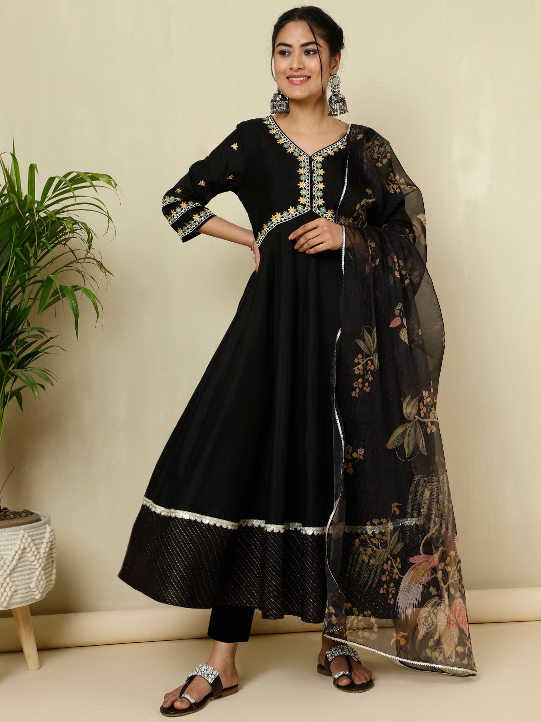 Black Zari Work Anarkali Kurta With Printed Dupatta
