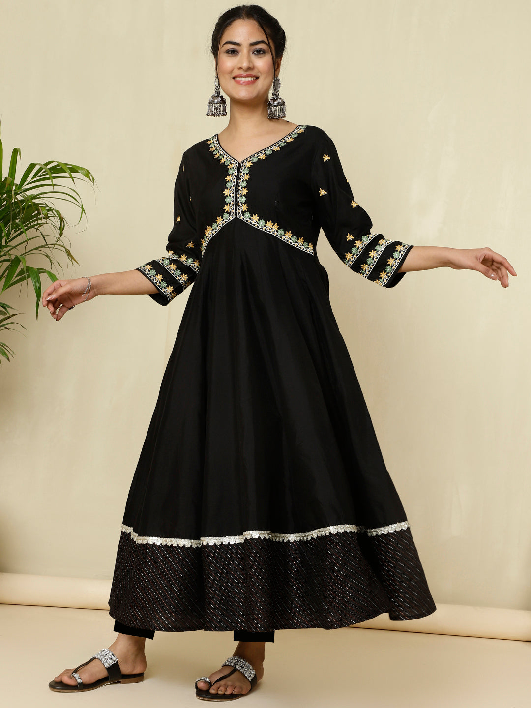 Black Zari Work Anarkali Kurta With Printed Dupatta