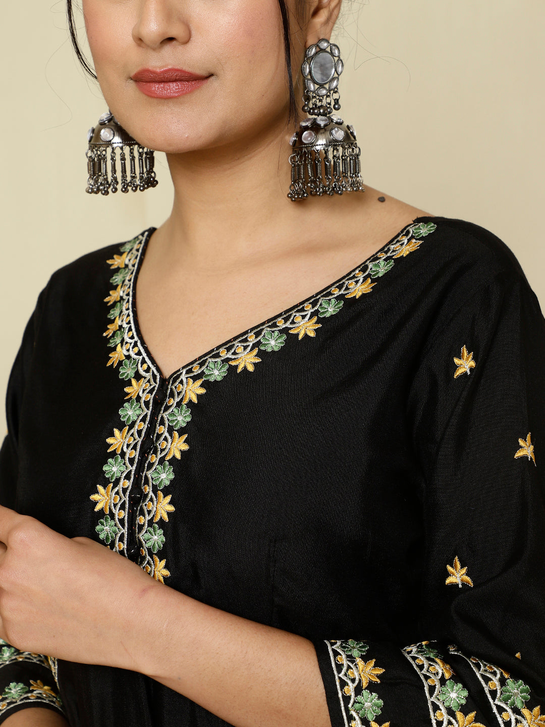 Black Zari Work Anarkali Kurta With Printed Dupatta