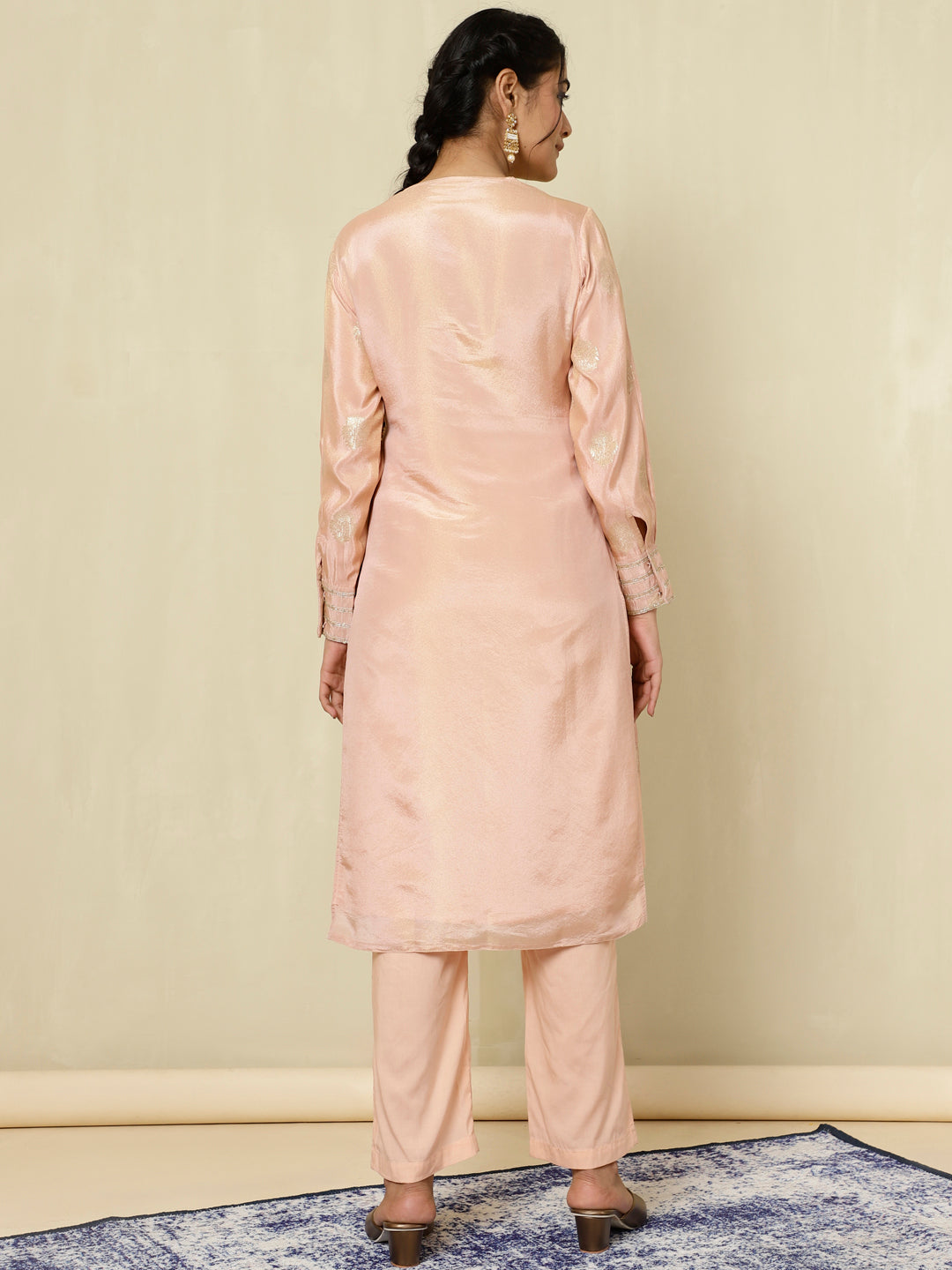 Peach Pure Silk Jacquard Handwork Kurta With Palazzo
