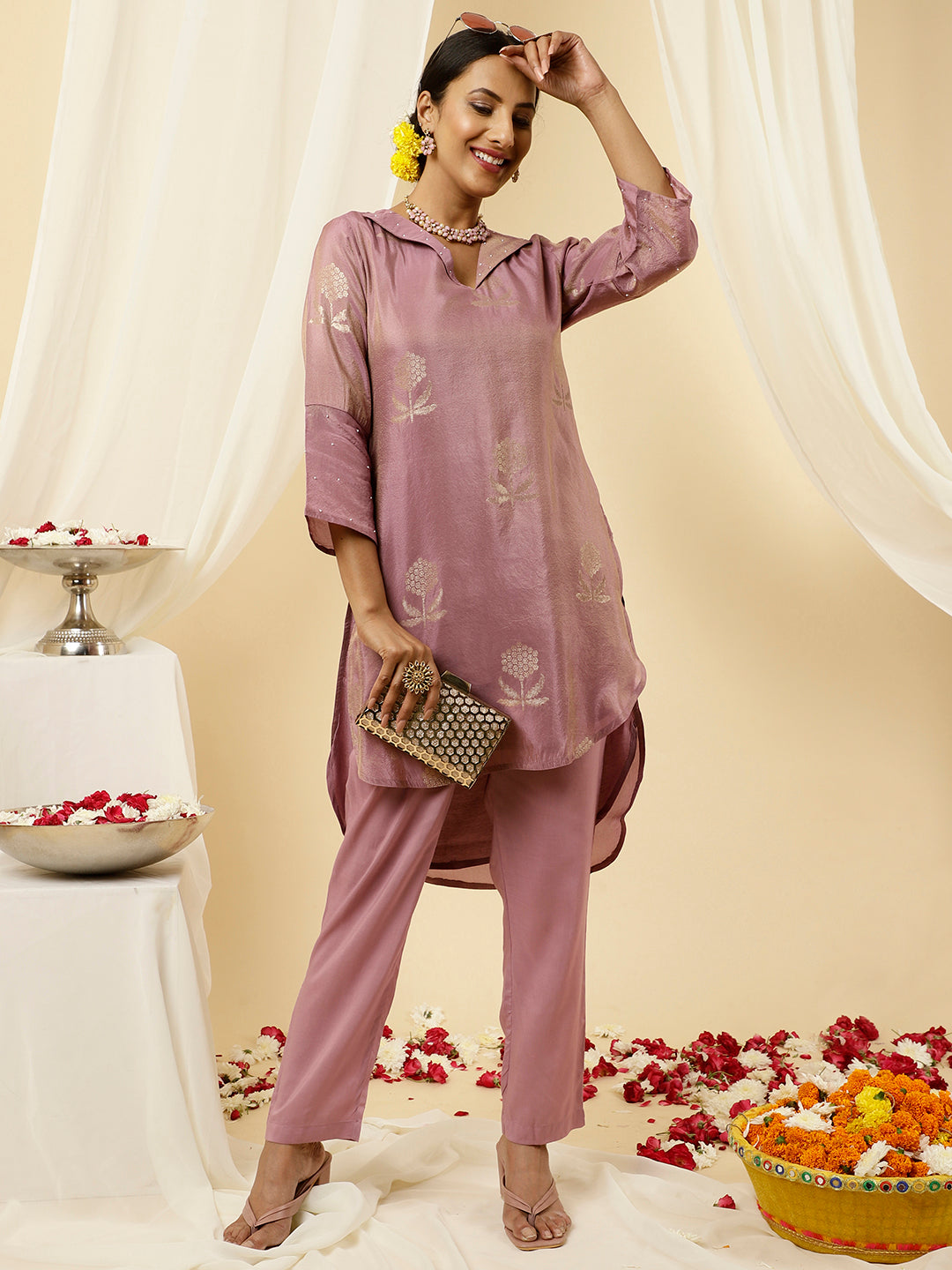 Lavender Pure Jacquard Silk Beadwork Kurta With Pants Co-ord Set