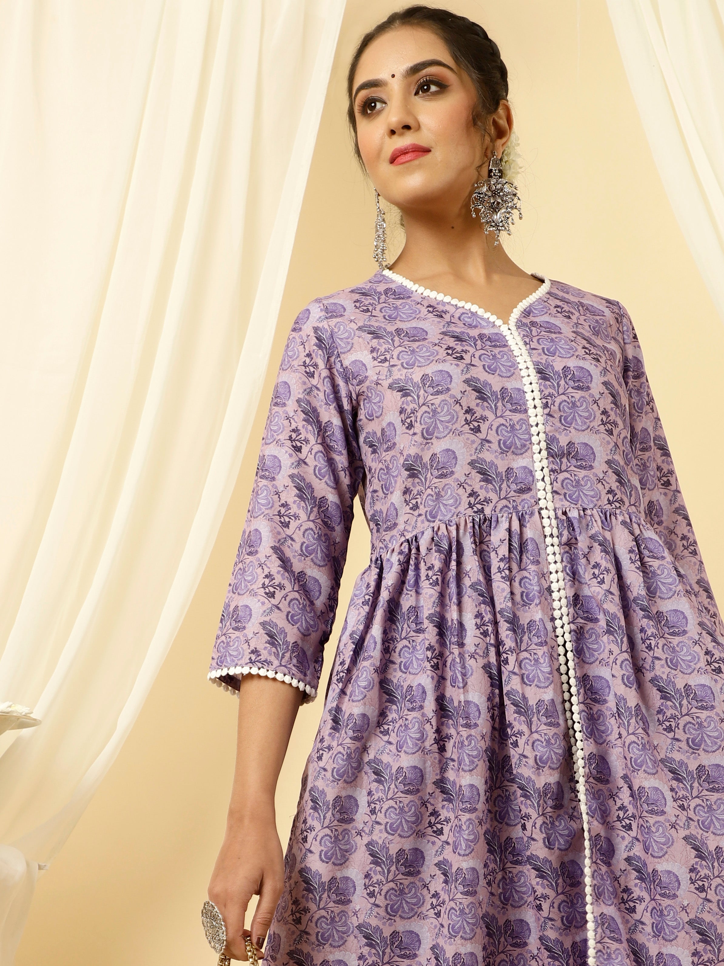 Lavender Floral Print Flared Kurta With Sharara