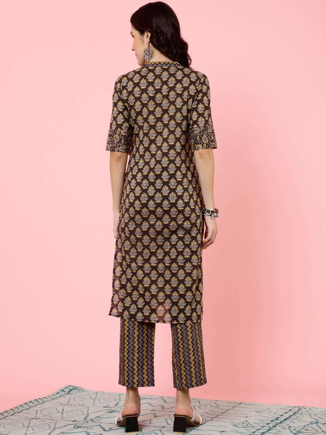 Charcoal Grey Ethnic Printed Straight Kurta With Pants