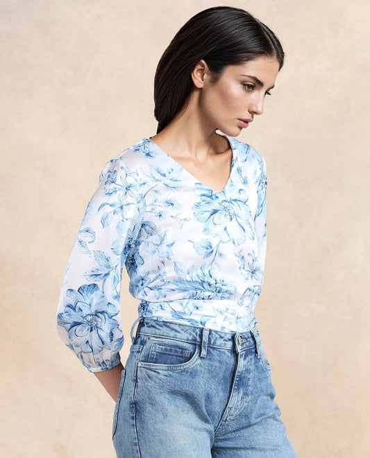 Rareism Women Milan Light Blue Bell Sleeves V-Neck  Cropped Floral Print Top