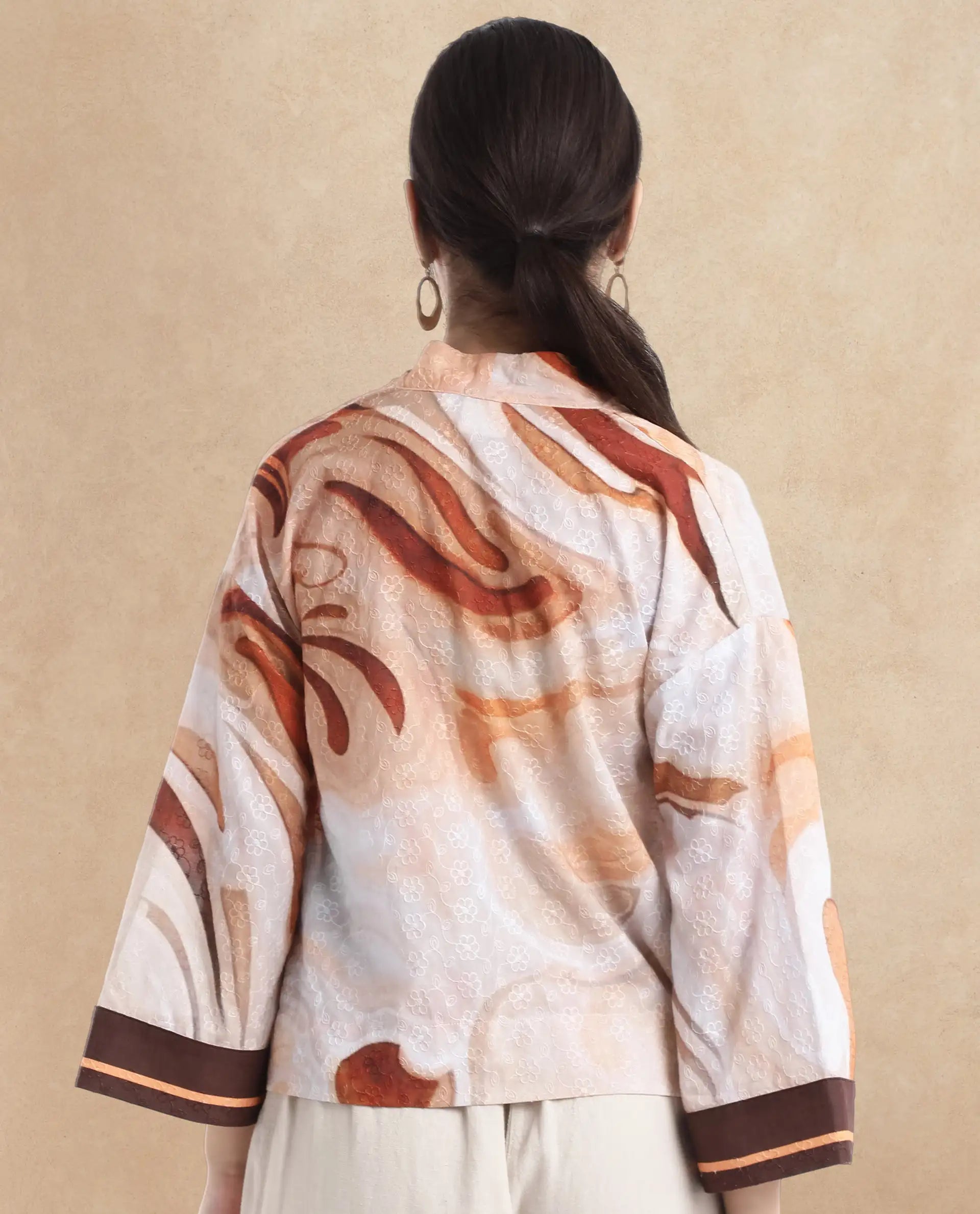 Rareism Women Modena Light Brown Bell Sleeves Shawl Neck Cropped Abstract Print Top