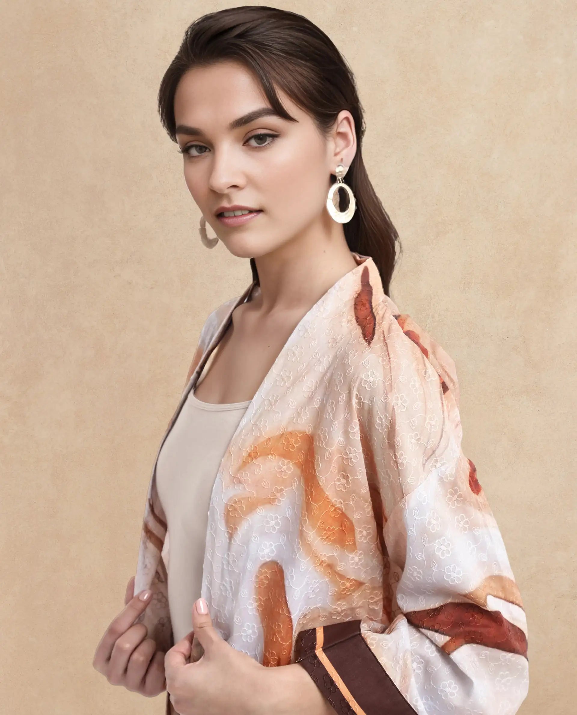 Rareism Women Modena Light Brown Bell Sleeves Shawl Neck Cropped Abstract Print Top