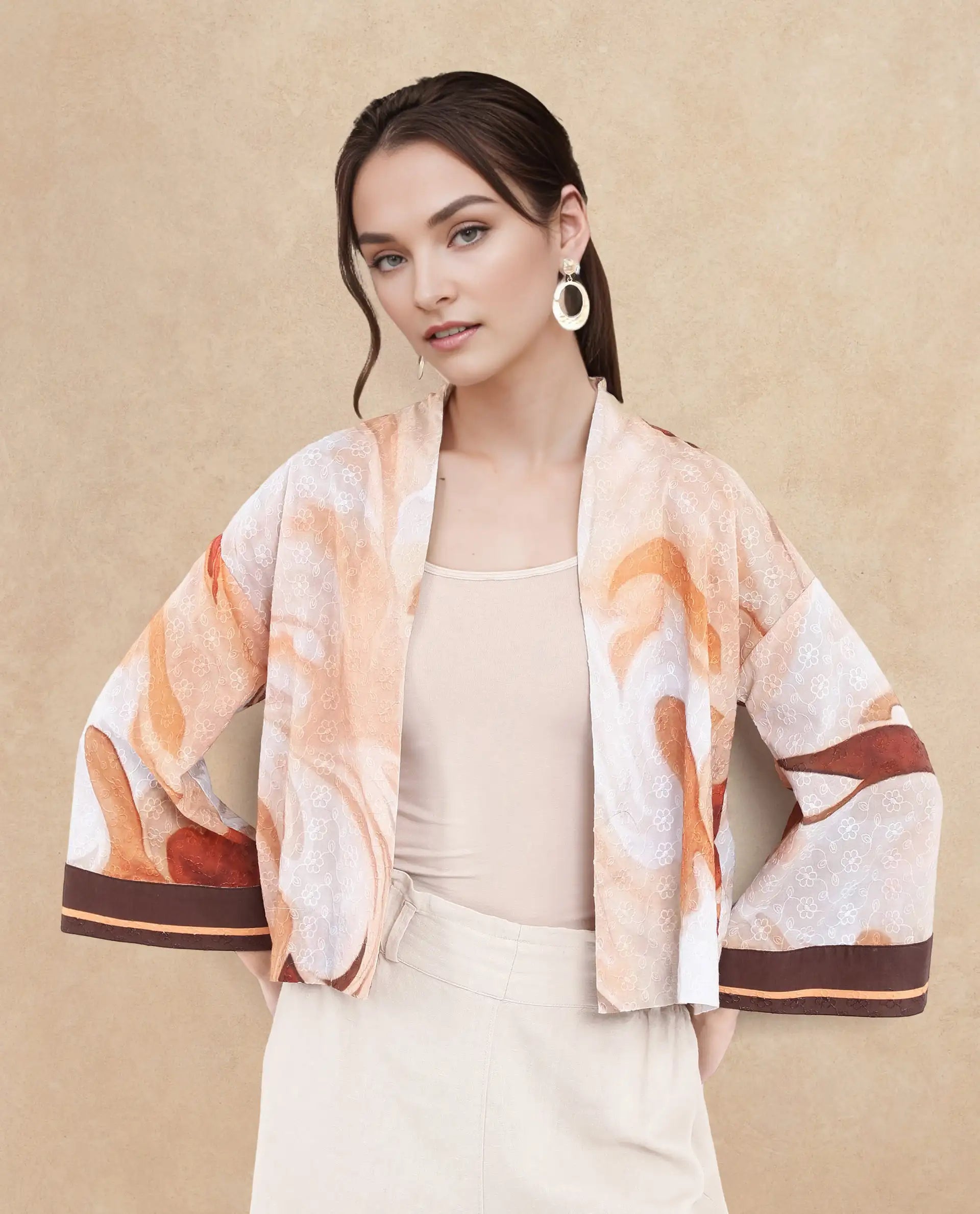 Rareism Women Modena Light Brown Bell Sleeves Shawl Neck Cropped Abstract Print Top