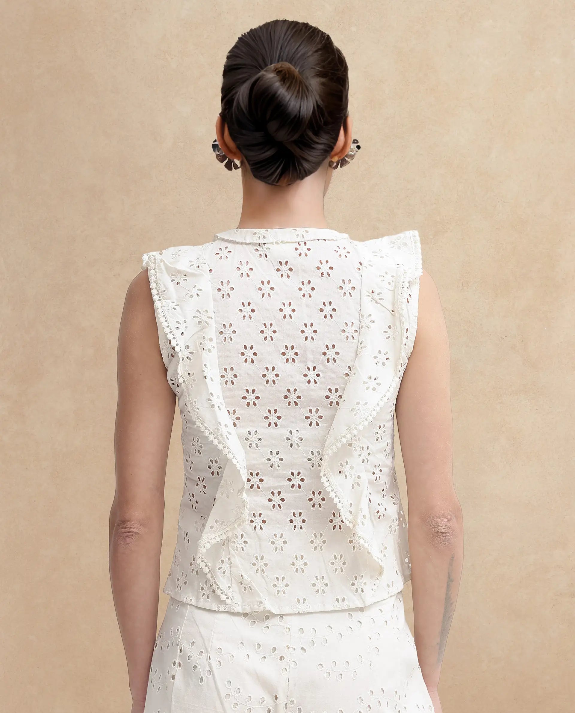 Rareism Women Montana-T Light Off White Cotton Fabric Cap Sleeve Collared Neck Solid Regular Length Top