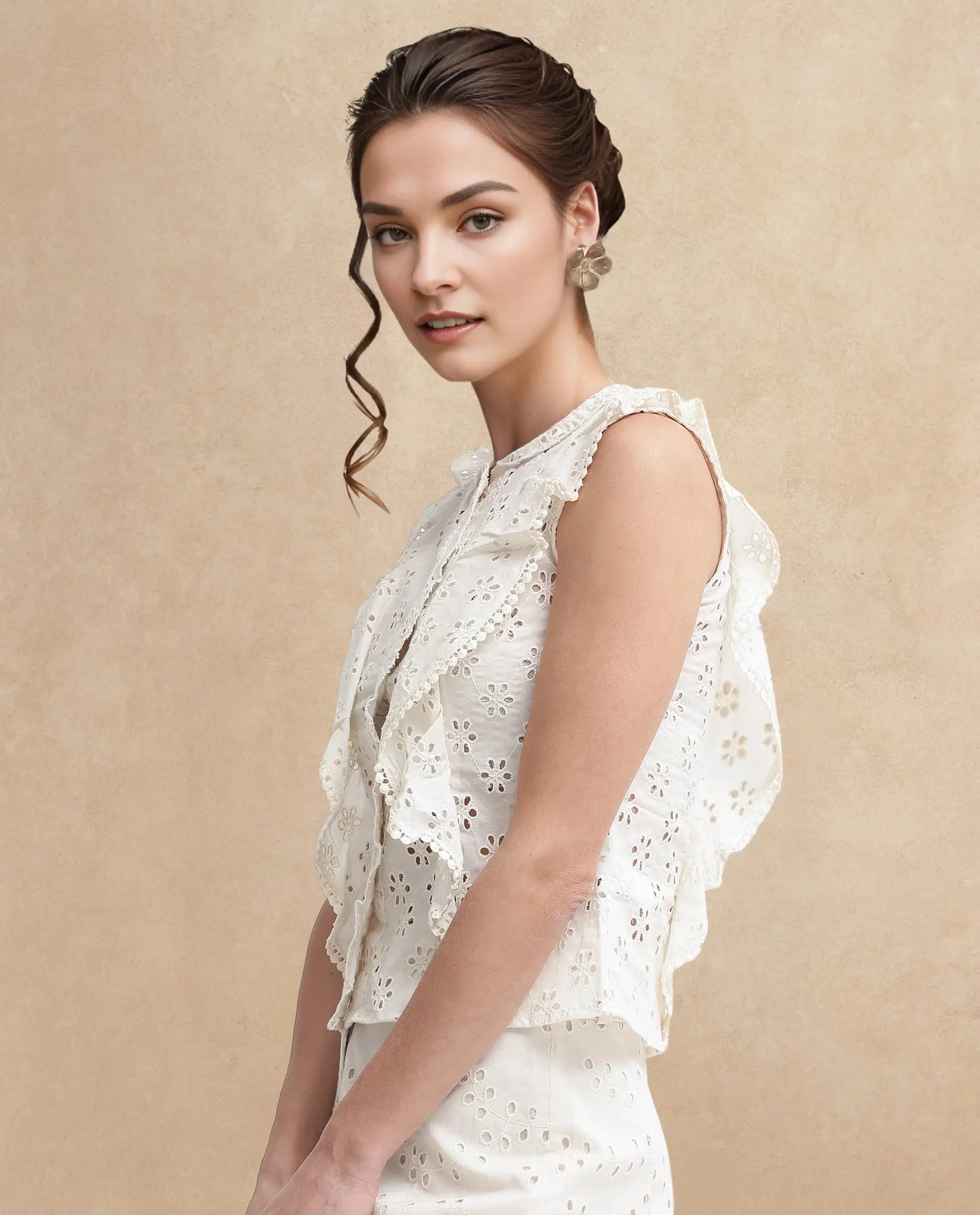 Rareism Women Montana-T Light Off White Cotton Fabric Cap Sleeve Collared Neck Solid Regular Length Top