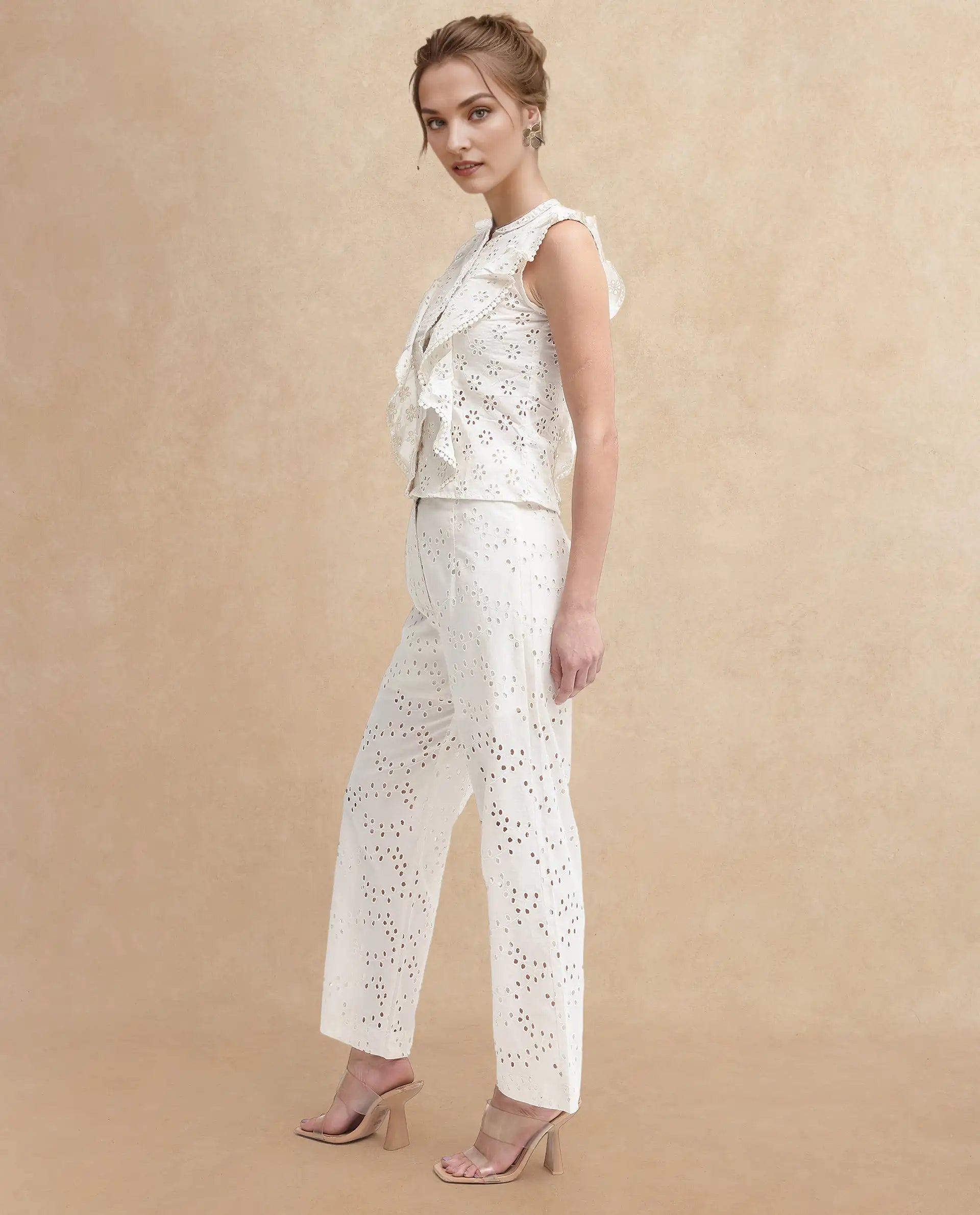 Rareism Women Montana-T Light Off White Cotton Fabric Cap Sleeve Collared Neck Solid Regular Length Top