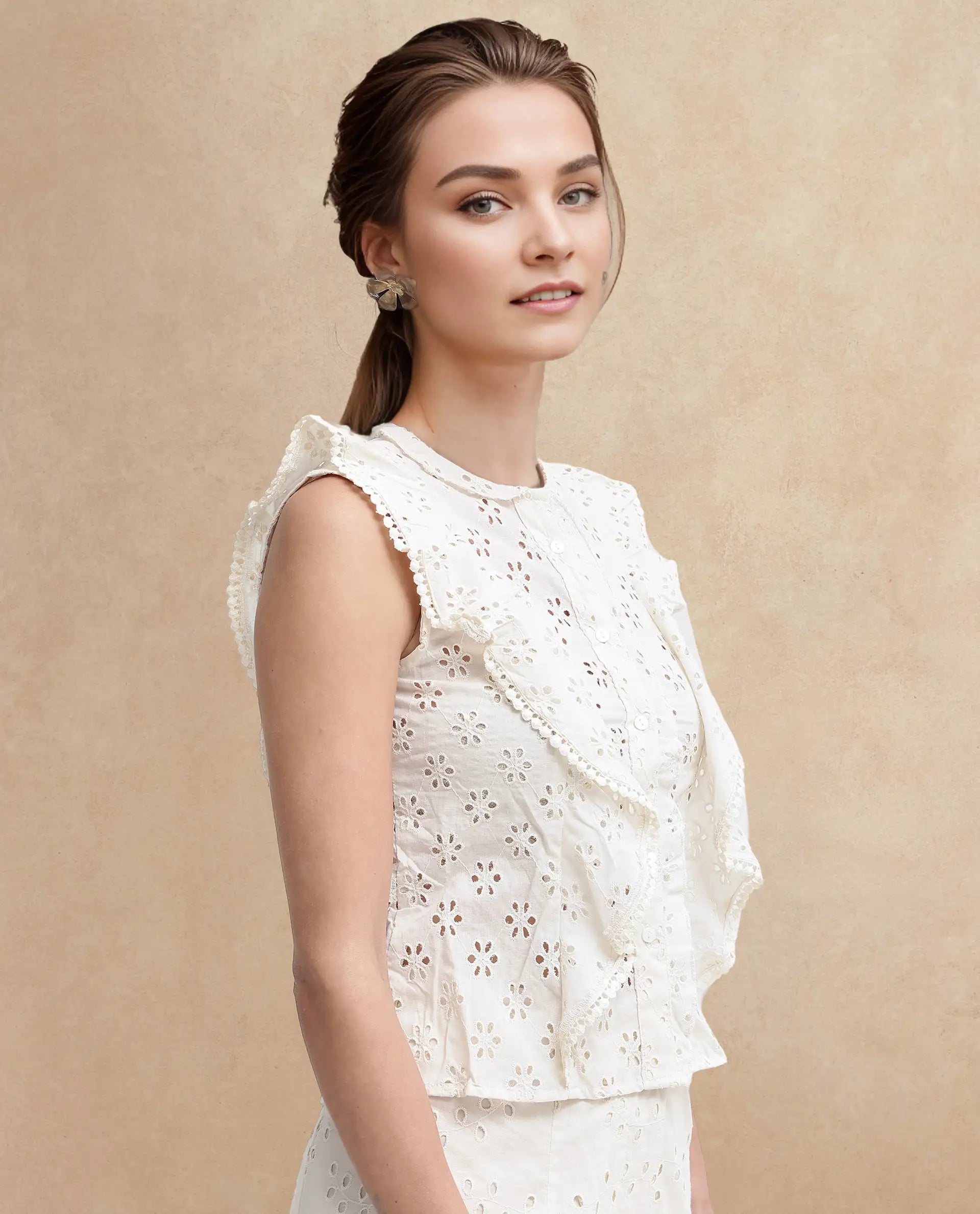 Rareism Women Montana-T Light Off White Cotton Fabric Cap Sleeve Collared Neck Solid Regular Length Top