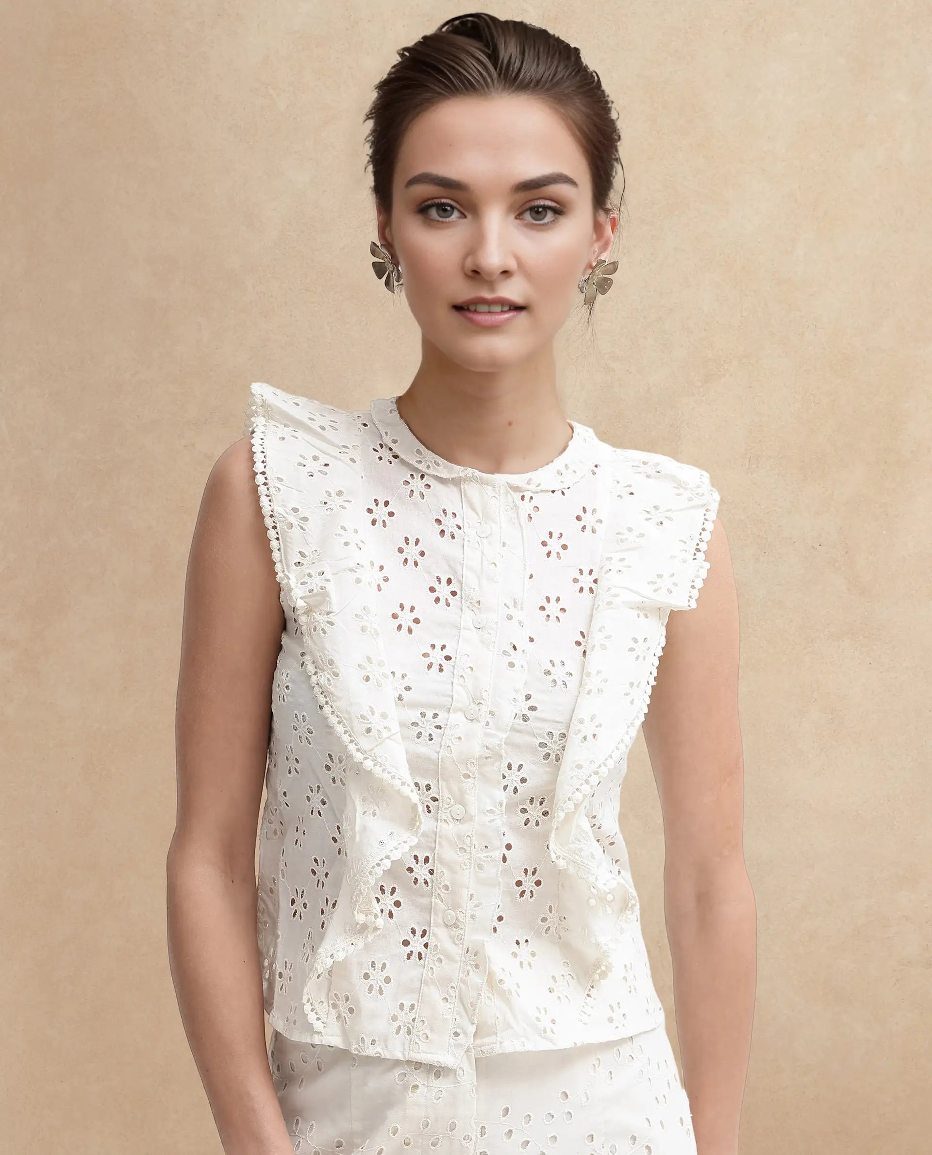 Rareism Women Montana-T Light Off White Cotton Fabric Cap Sleeve Collared Neck Solid Regular Length Top