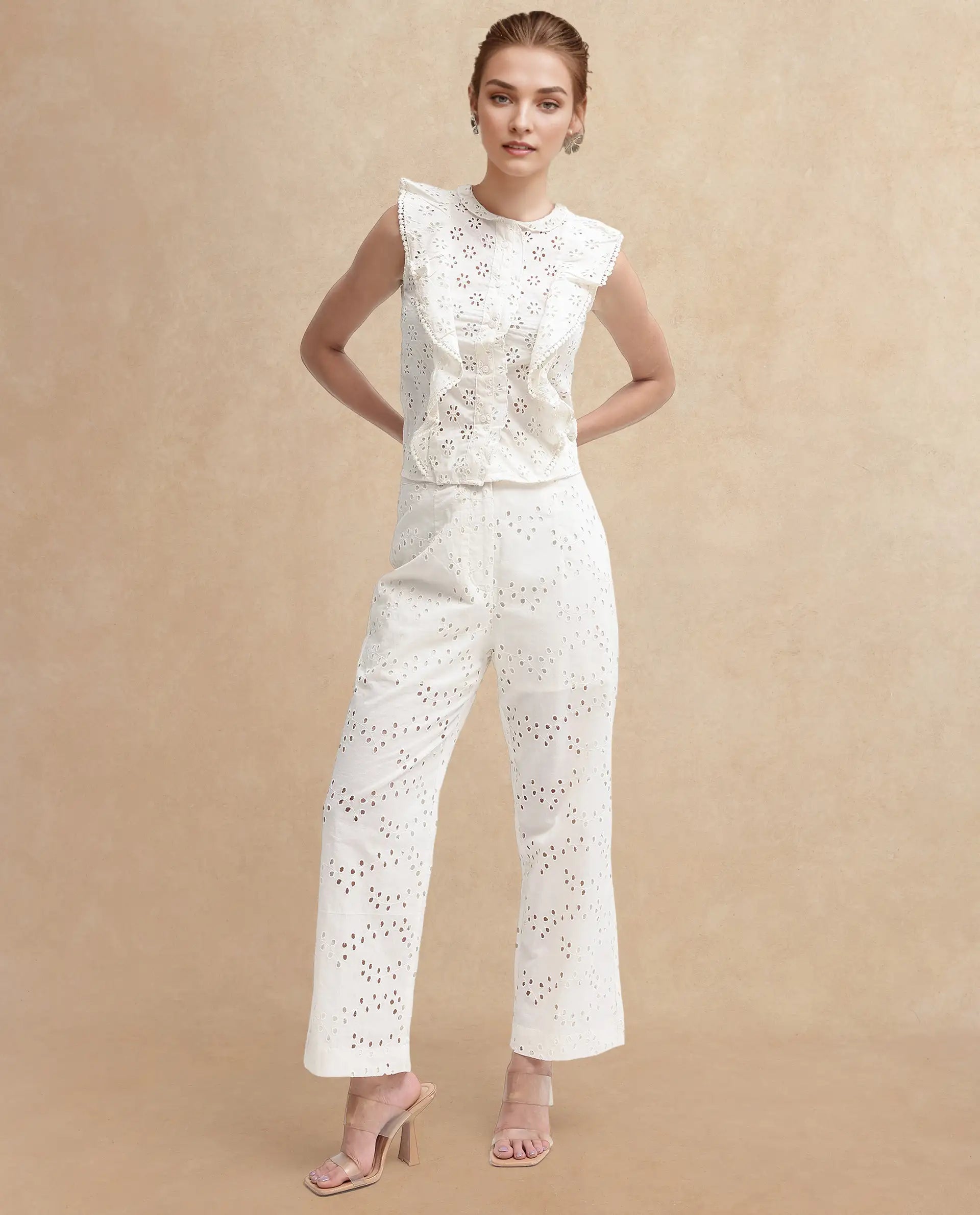 Rareism Women Montana-T Light Off White Cotton Fabric Cap Sleeve Collared Neck Solid Regular Length Top