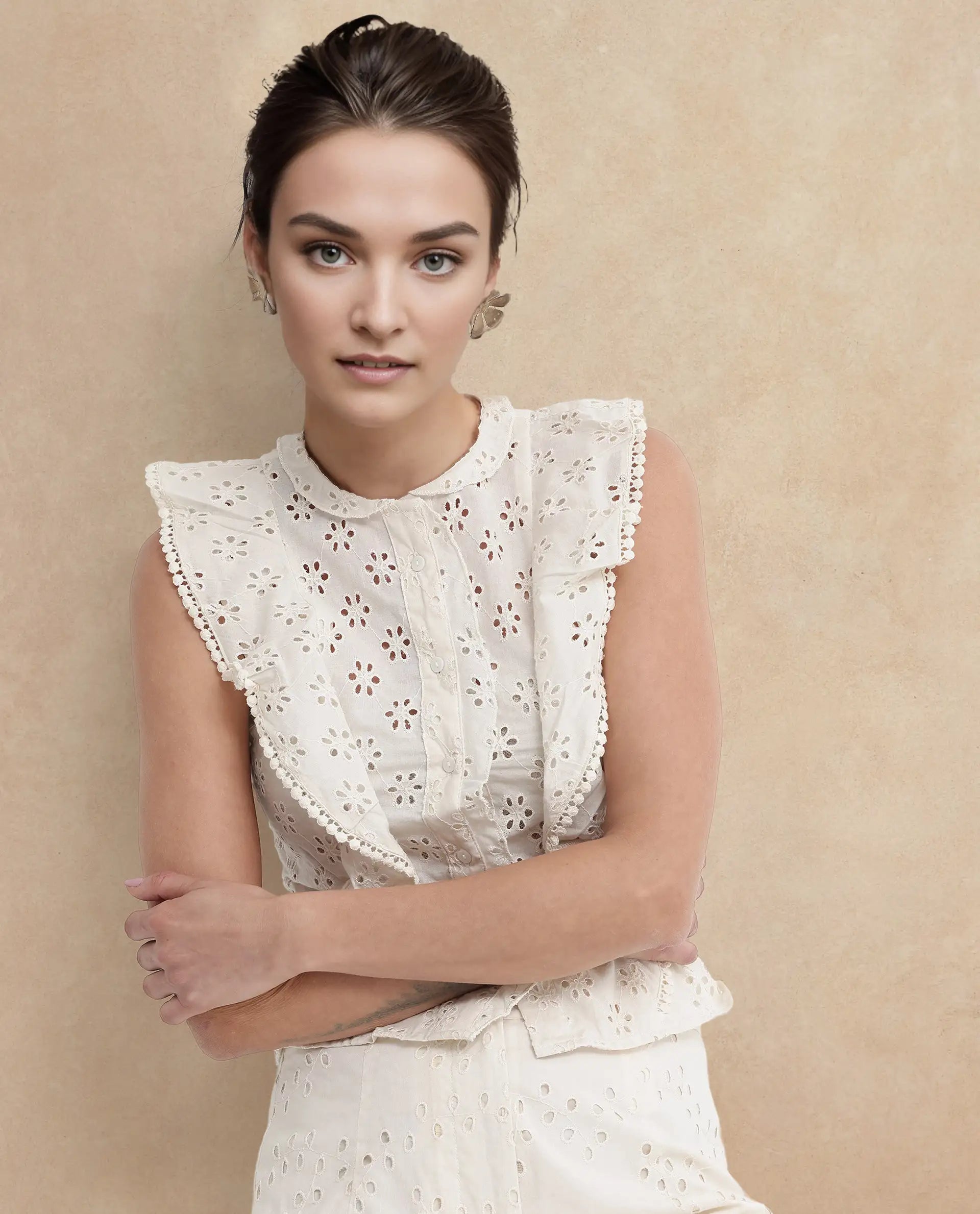 Rareism Women Montana-T Light Off White Cotton Fabric Cap Sleeve Collared Neck Solid Regular Length Top