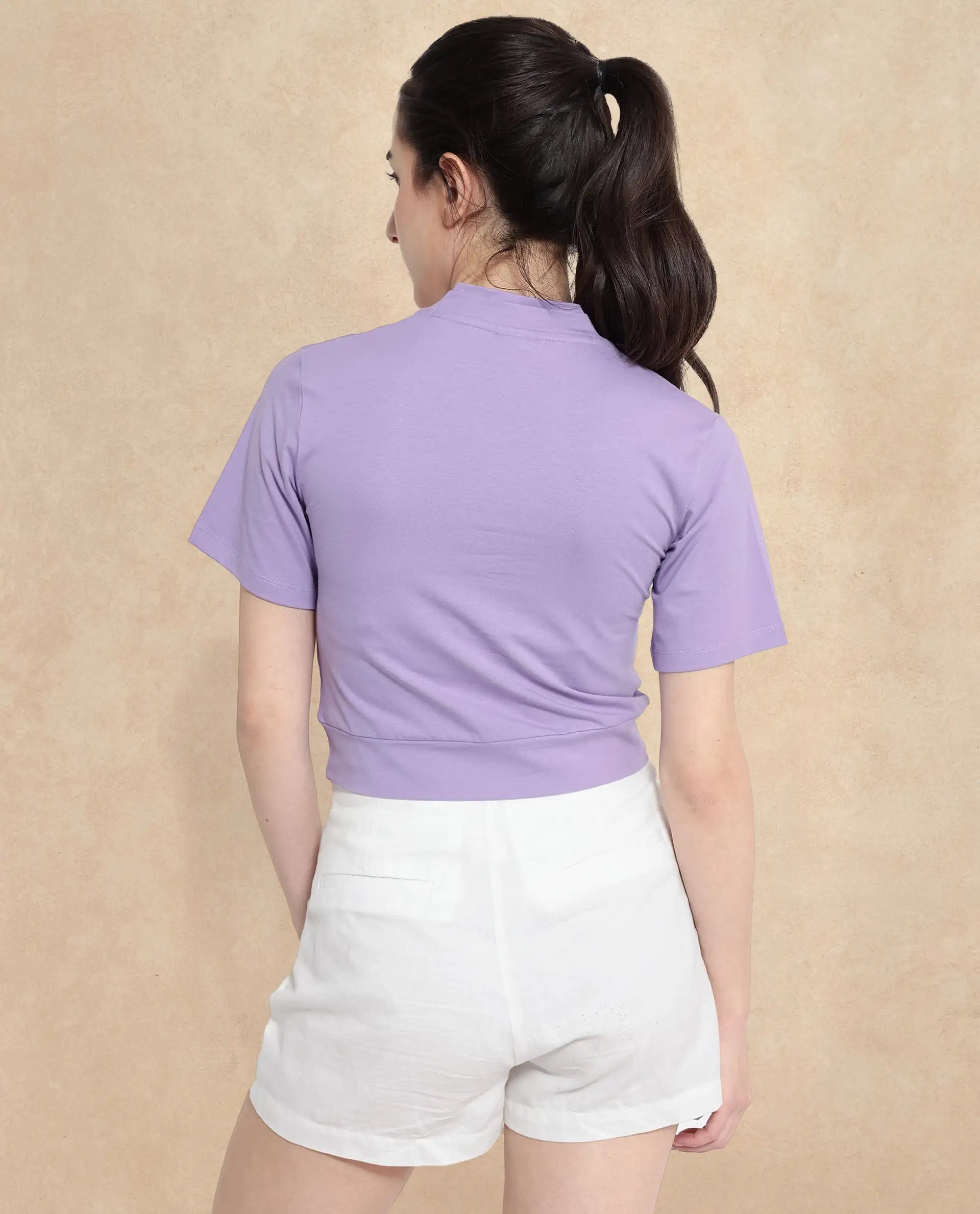 Rareism Women Moonray Light Purple Cotton Fabric Regular Sleeves V-Neck Knit Plain Top