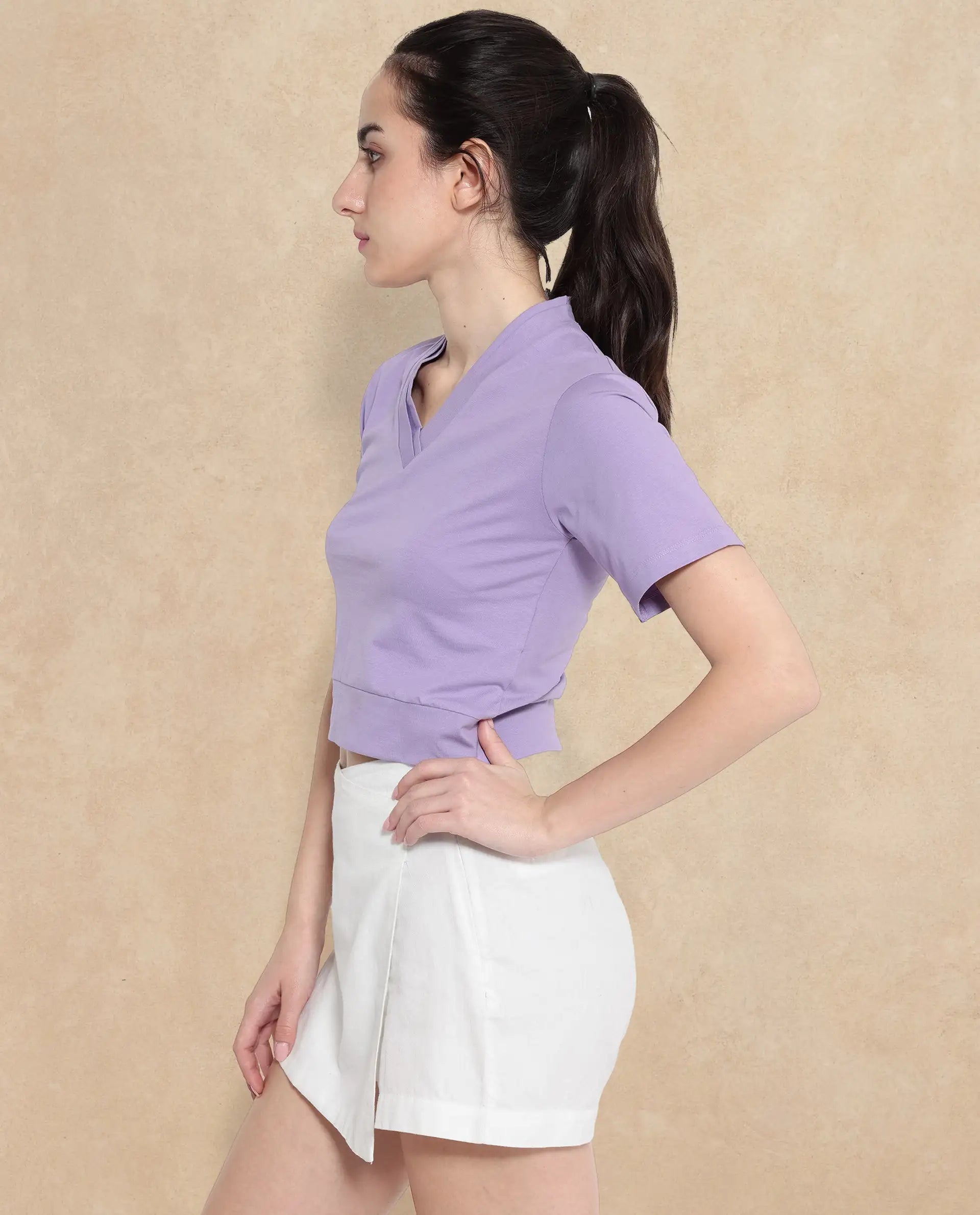 Rareism Women Moonray Light Purple Cotton Fabric Regular Sleeves V-Neck Knit Plain Top