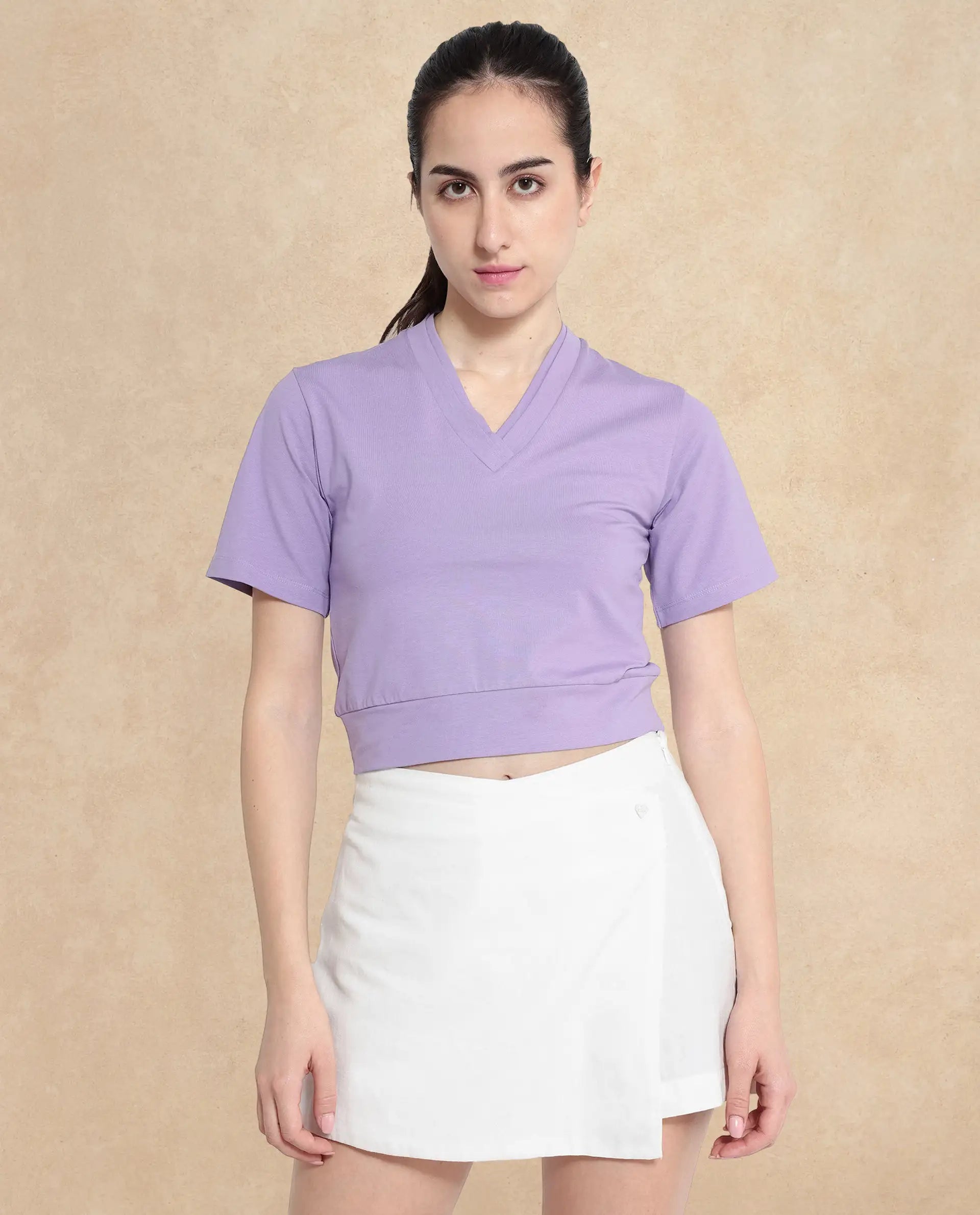 Rareism Women Moonray Light Purple Cotton Fabric Regular Sleeves V-Neck Knit Plain Top