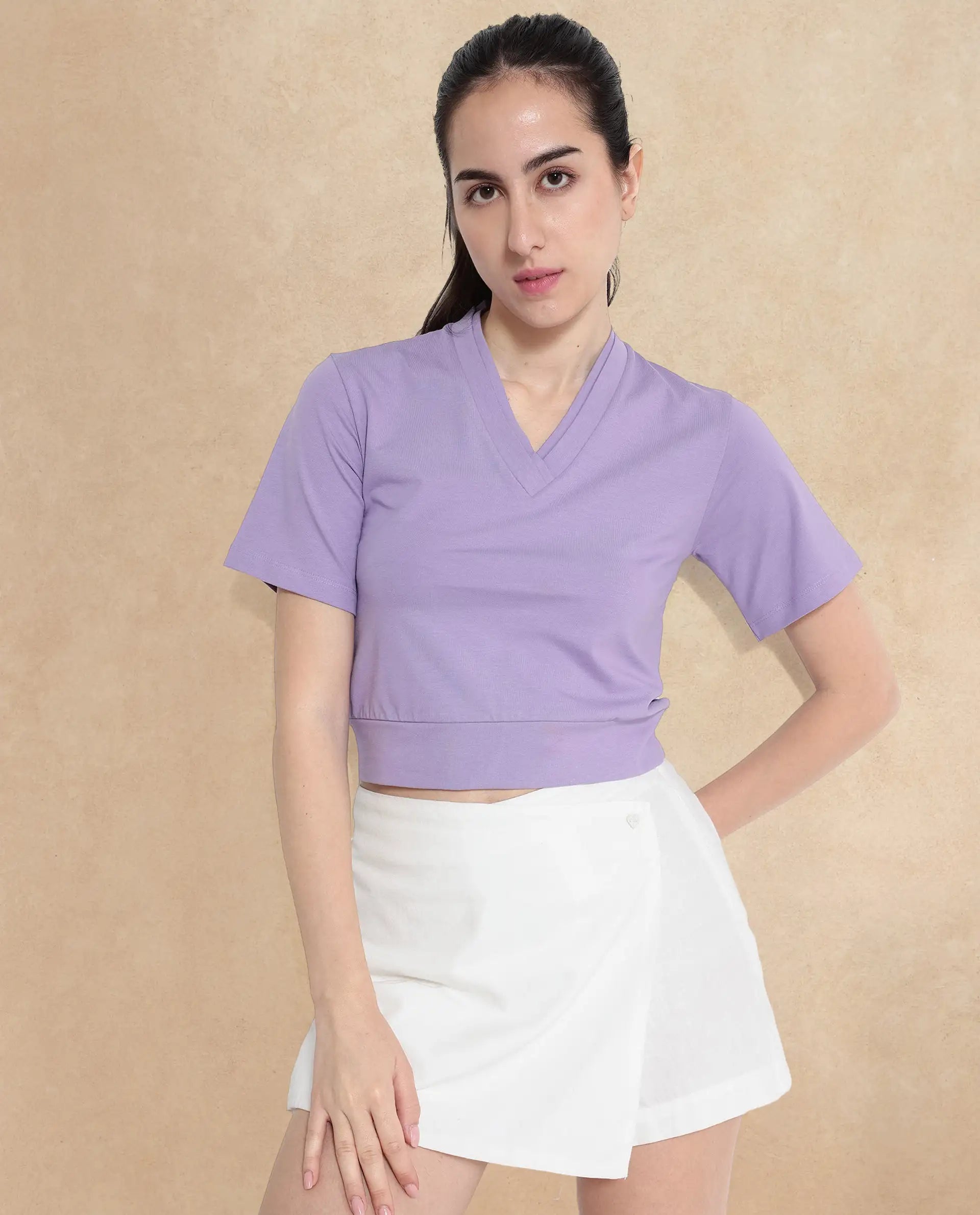 Rareism Women Moonray Light Purple Cotton Fabric Regular Sleeves V-Neck Knit Plain Top