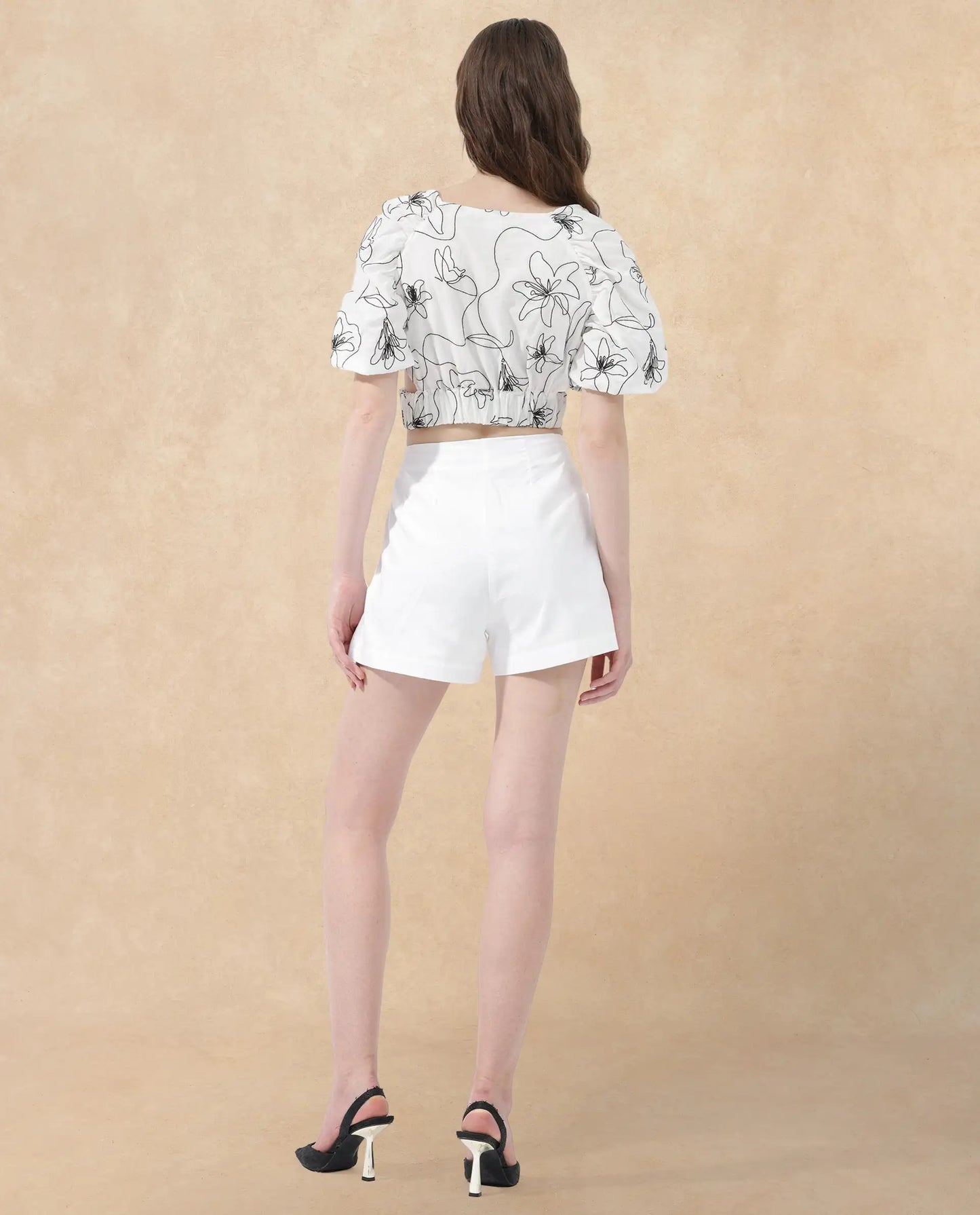 Rareism Women Morganic White Cotton Fabric Short Sleeves Button Closure Round Neck Balloon Sleeve Regular Fit Plain Cropped Top