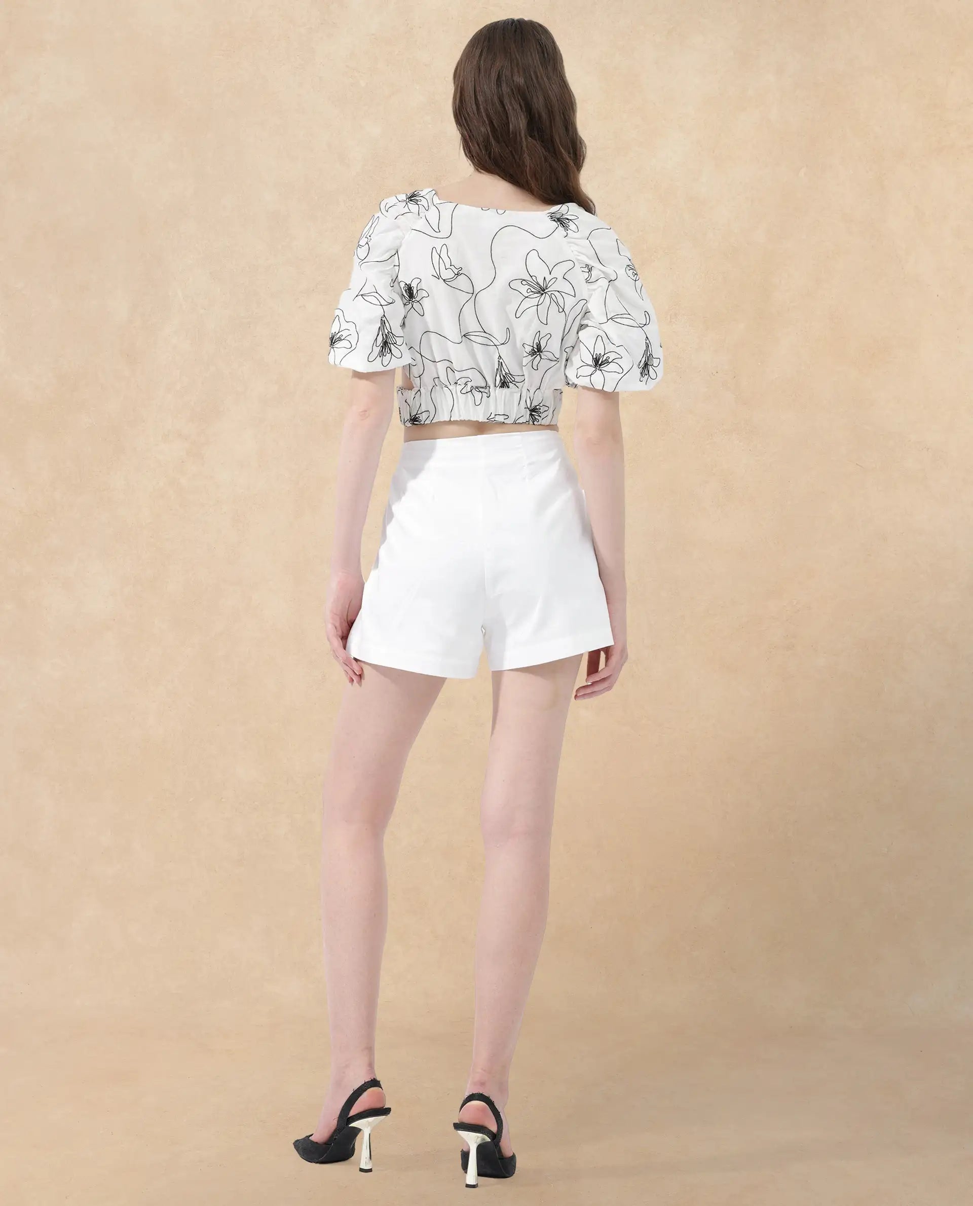 Rareism Women Morganic White Cotton Fabric Short Sleeves Button Closure Round Neck Balloon Sleeve Regular Fit Plain Cropped Top