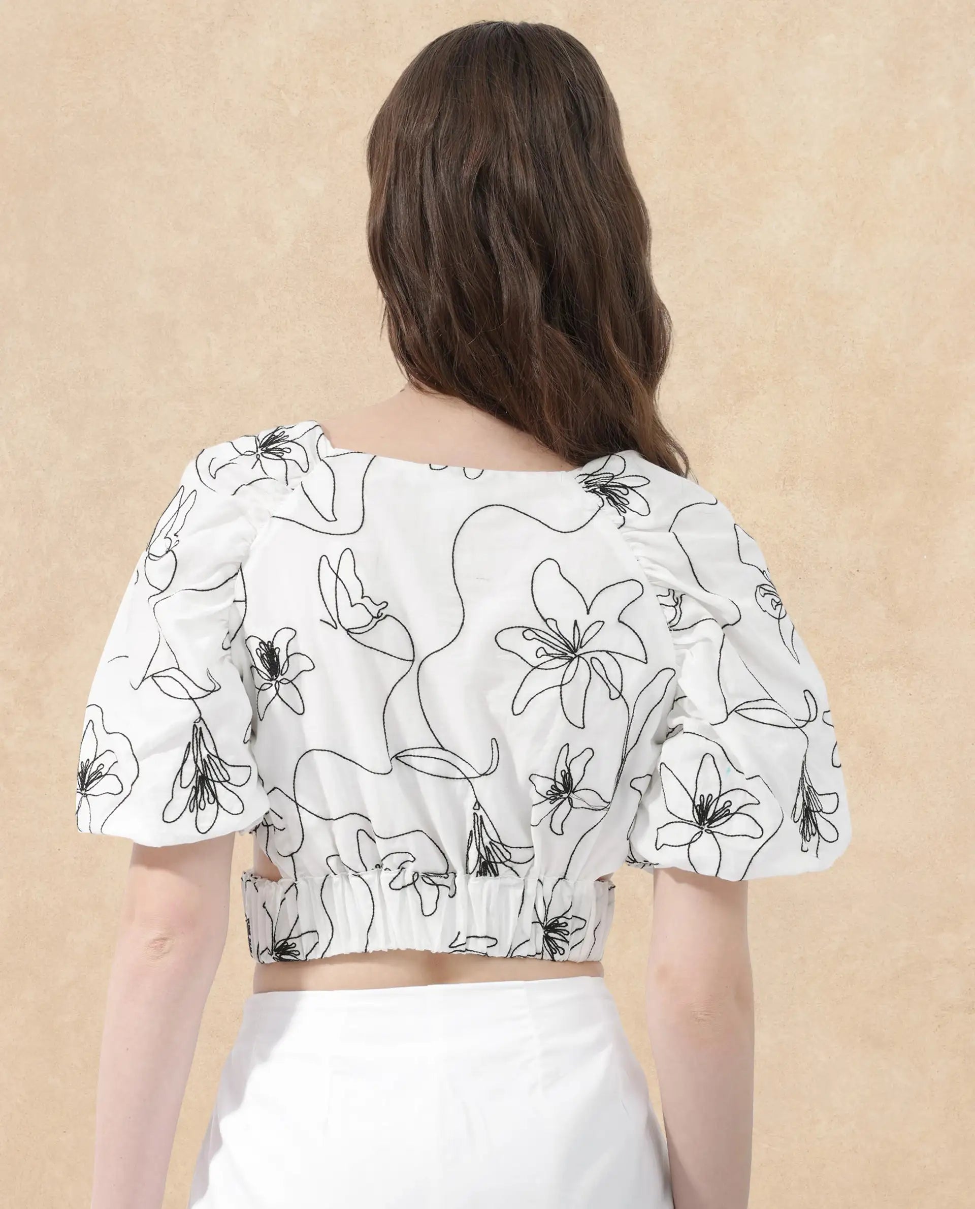 Rareism Women Morganic White Cotton Fabric Short Sleeves Button Closure Round Neck Balloon Sleeve Regular Fit Plain Cropped Top