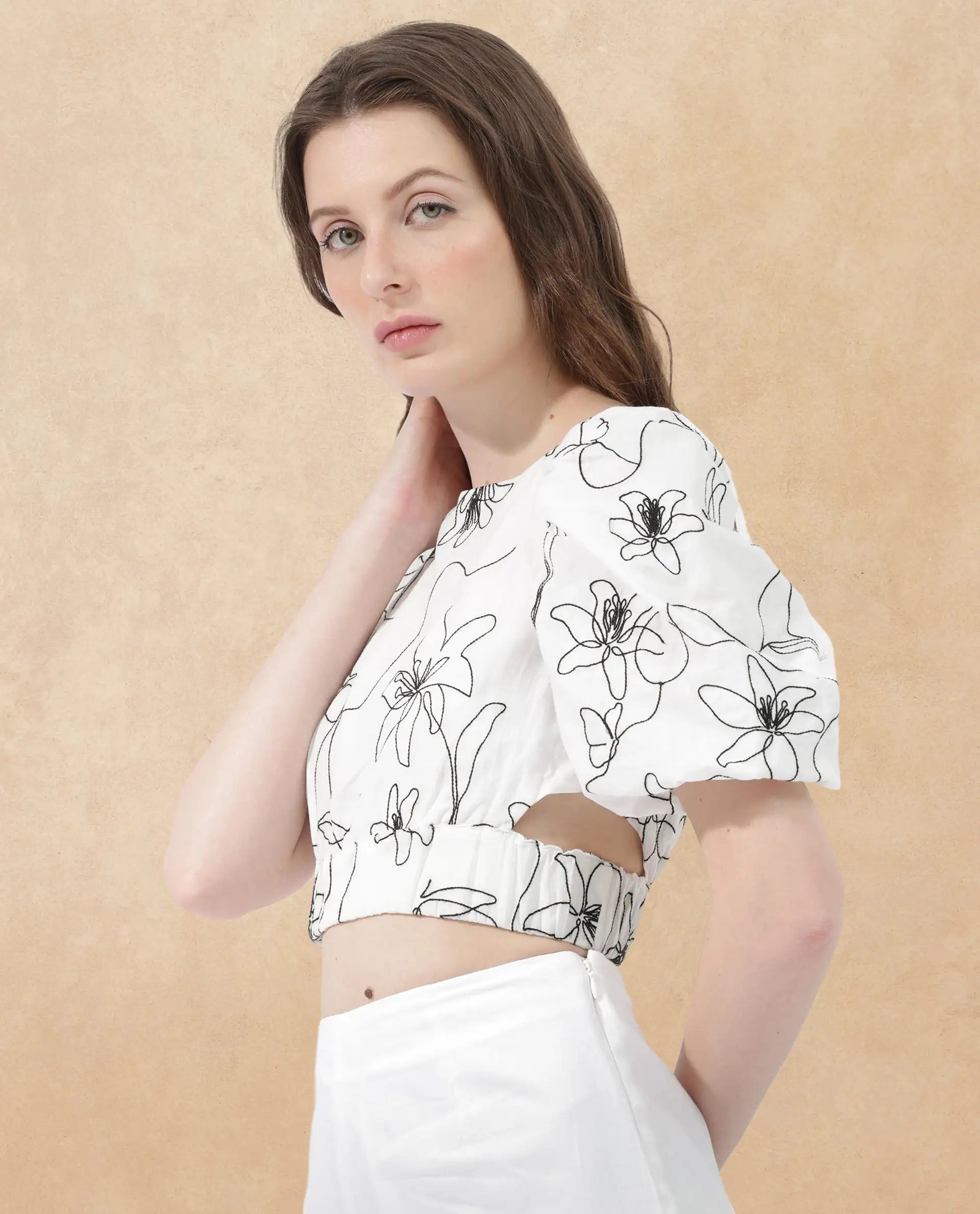 Rareism Women Morganic White Cotton Fabric Short Sleeves Button Closure Round Neck Balloon Sleeve Regular Fit Plain Cropped Top