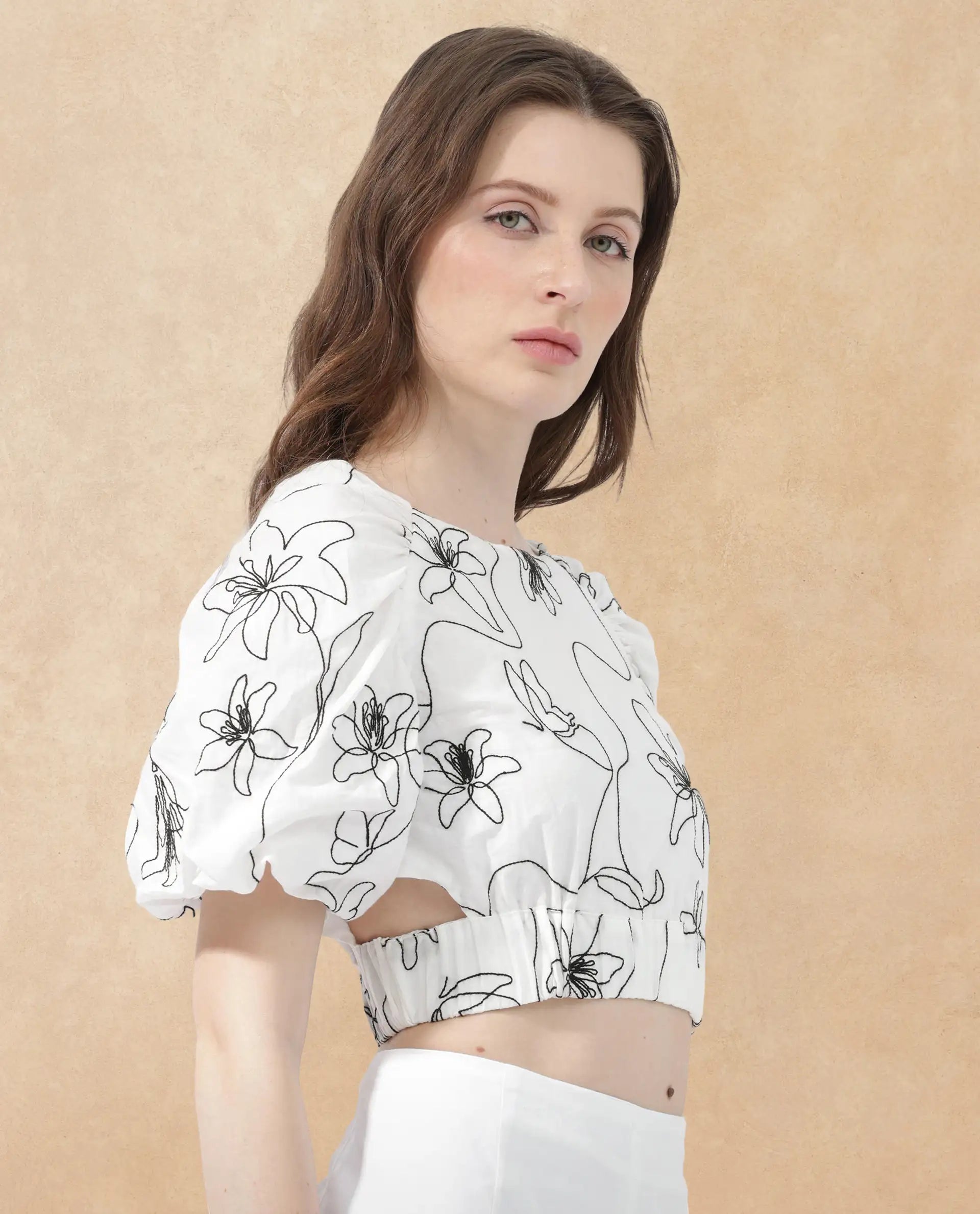 Rareism Women Morganic White Cotton Fabric Short Sleeves Button Closure Round Neck Balloon Sleeve Regular Fit Plain Cropped Top