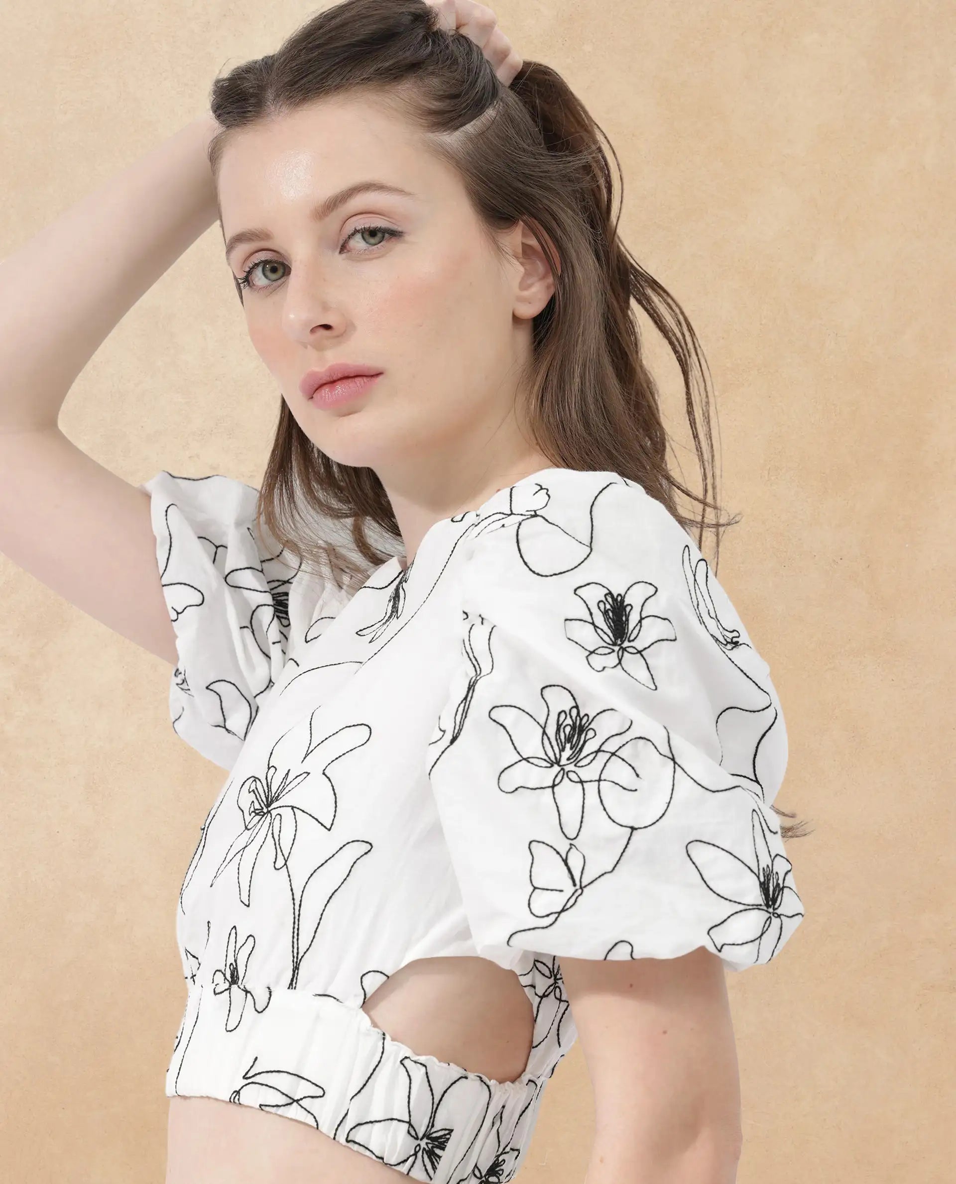 Rareism Women Morganic White Cotton Fabric Short Sleeves Button Closure Round Neck Balloon Sleeve Regular Fit Plain Cropped Top