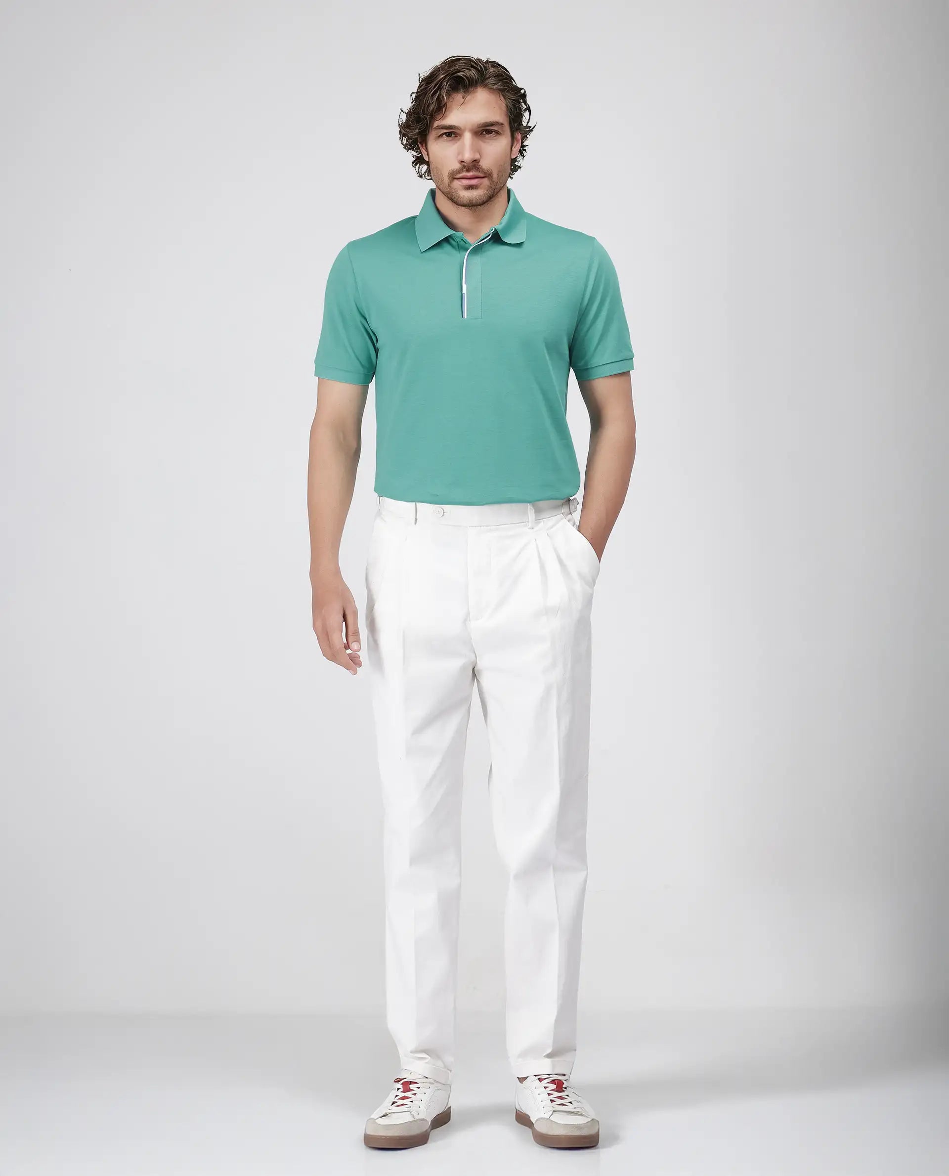 Rare Rabbit Men's Mor Light Green Cotton Blend Fabric Half Sleeve Spread Collar Regular Fit Plain Polo