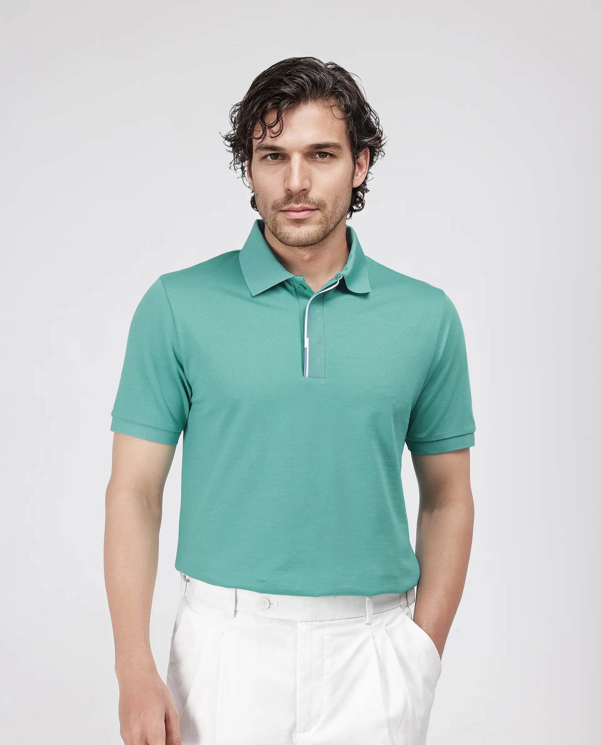 Rare Rabbit Men's Mor Light Green Cotton Blend Fabric Half Sleeve Spread Collar Regular Fit Plain Polo