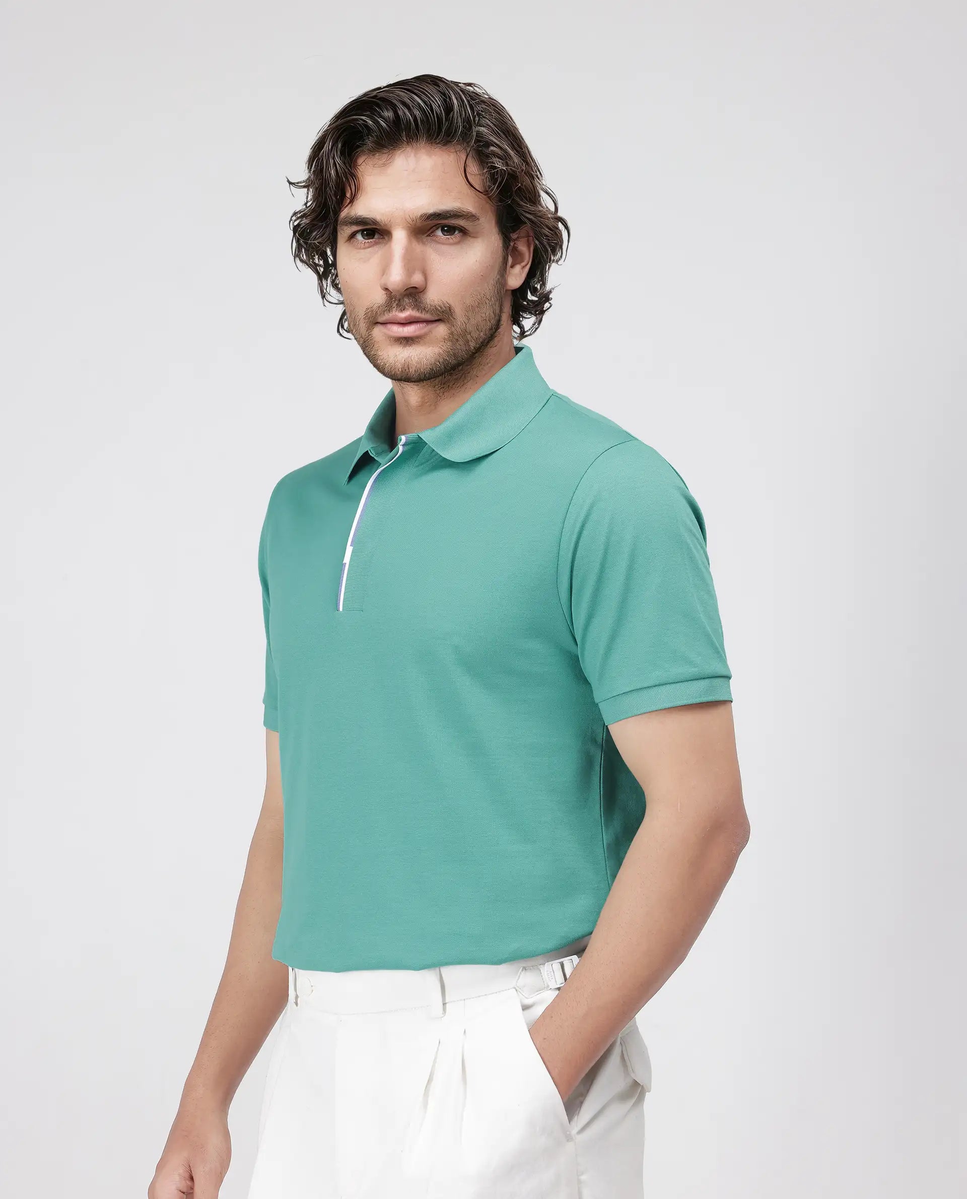 Rare Rabbit Men's Mor Light Green Cotton Blend Fabric Half Sleeve Spread Collar Regular Fit Plain Polo