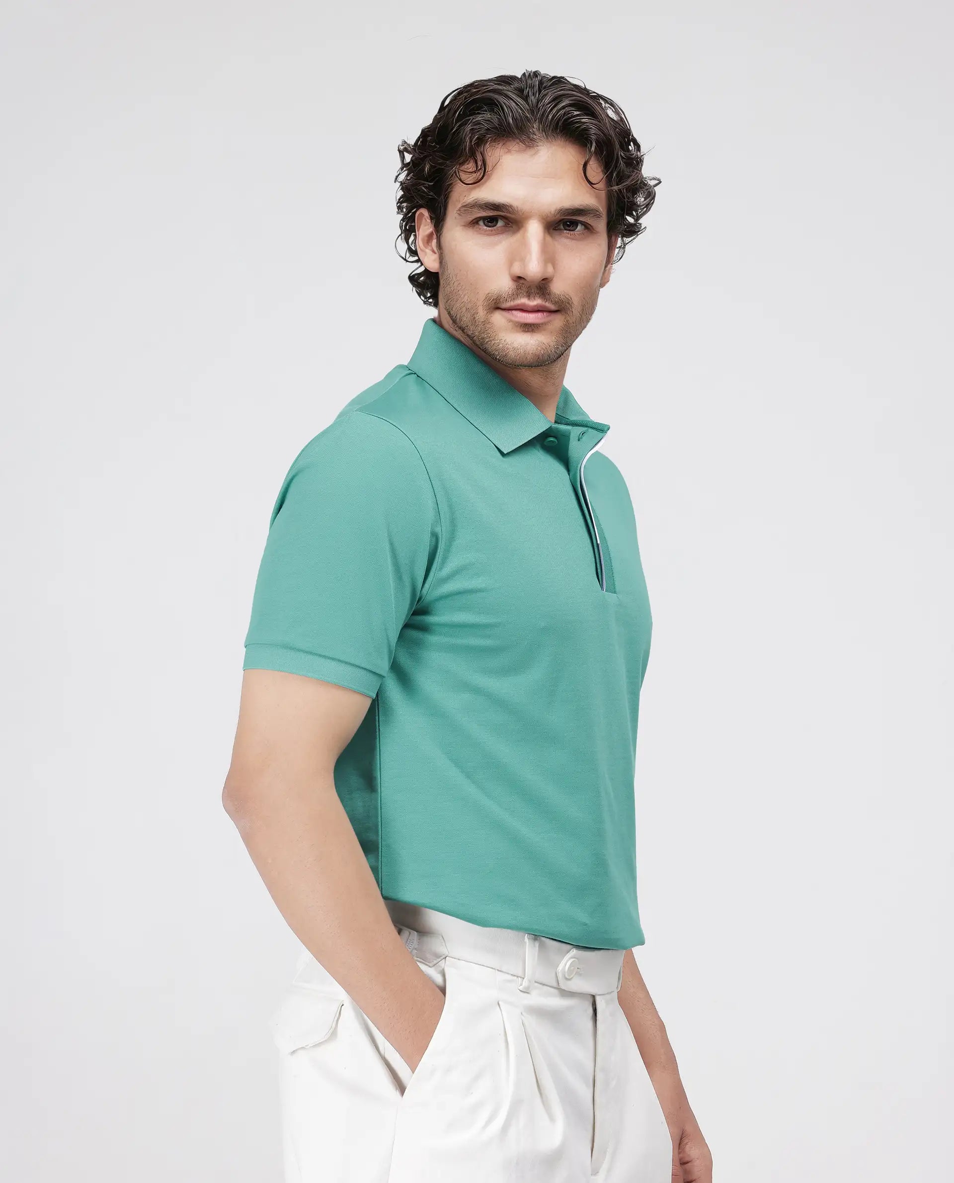 Rare Rabbit Men's Mor Light Green Cotton Blend Fabric Half Sleeve Spread Collar Regular Fit Plain Polo