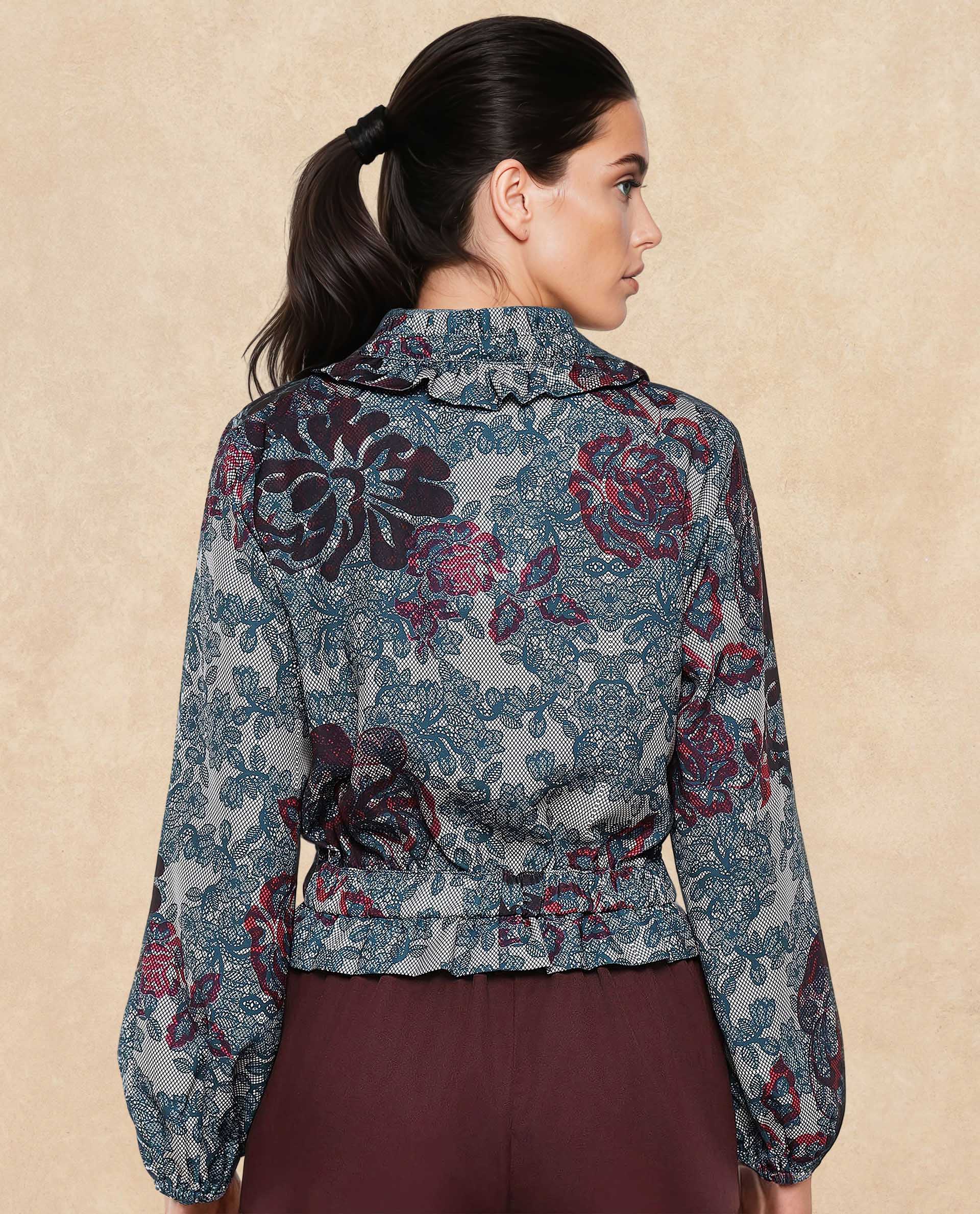 Rareism Women Mugla Multi Polyester Fabric Balloon Sleeve V-Neck Button Closure Cropped Floral Print Top